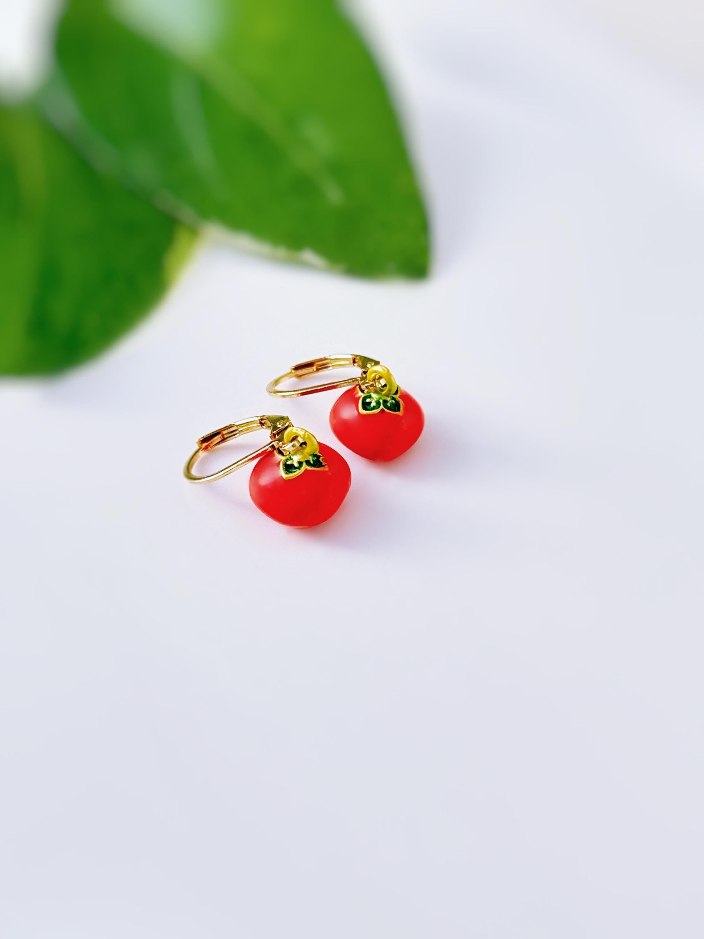 Tomato Earrings gold hoops dangle handmade cute red Fruit Jewelry unique dangling vegetable food earrings gift for foodie, chef, sister, mom