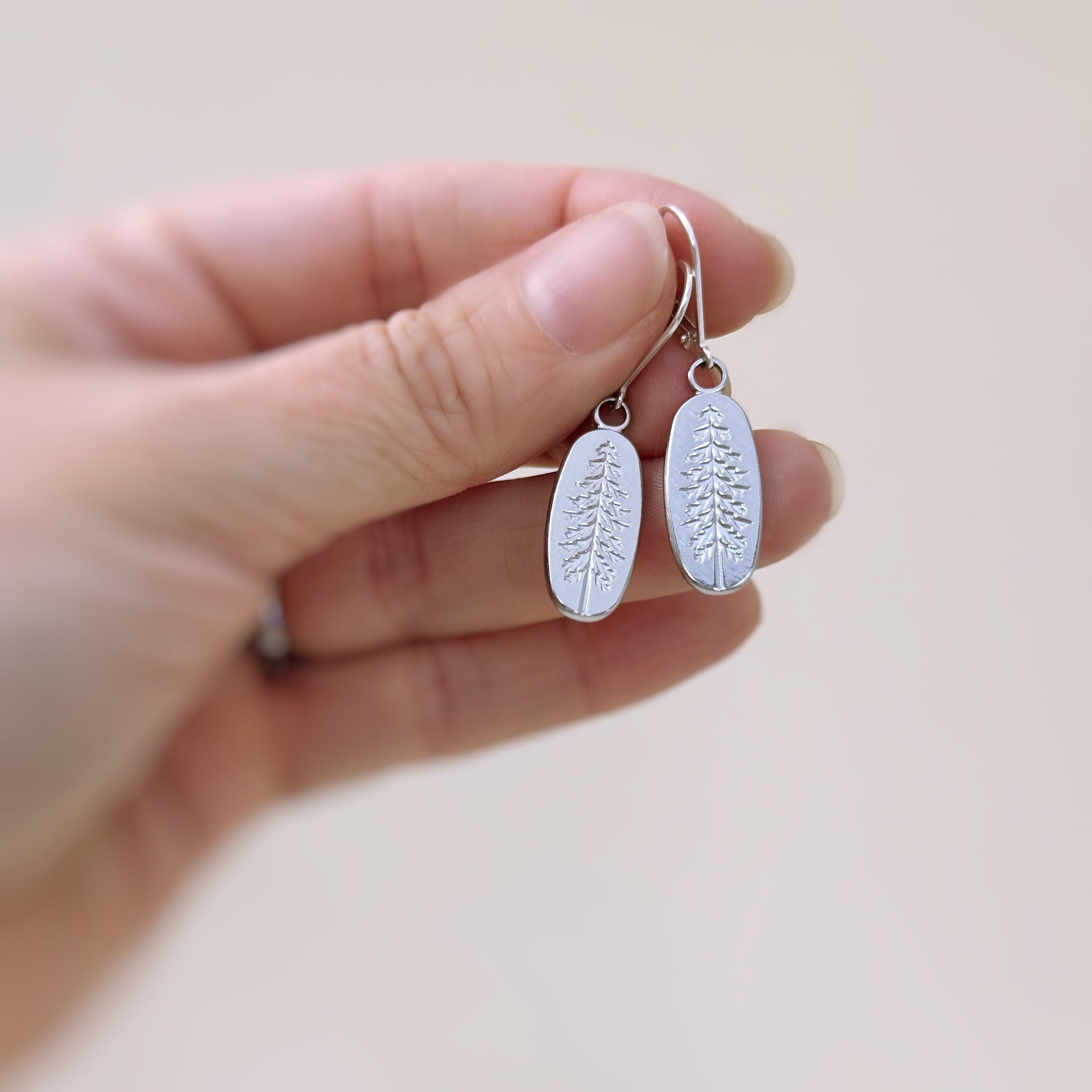 Silver Pine Tree Earrings dangle handmade jewelry gift for hikers and nature lovers minimalist winter pine tree jewelry for her