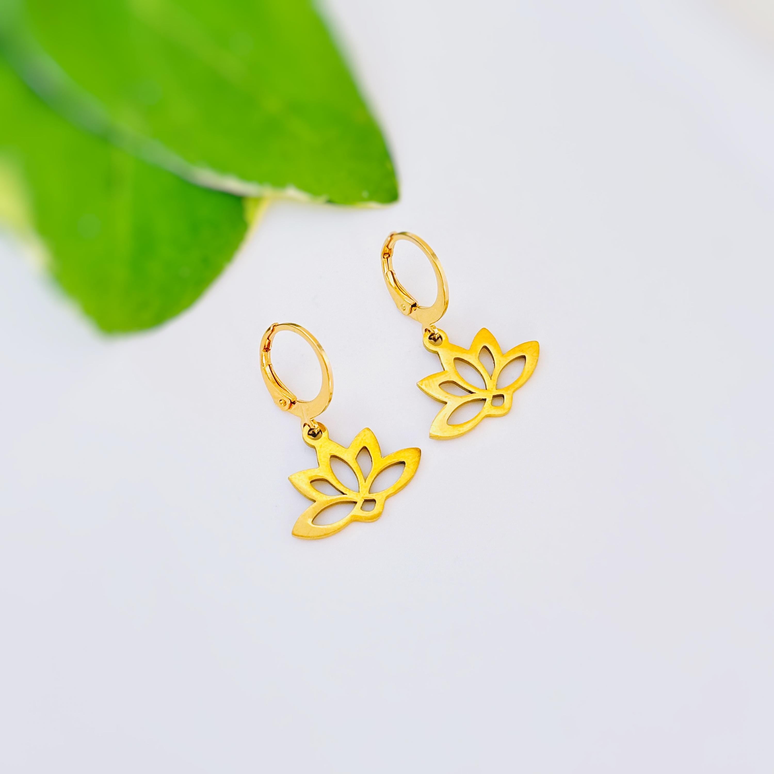 Gold Lotus Earrings Huggie Hoop dangle handmade water lily July birth flower jewelry for summer July birthflower Zen yoga gift for gardener