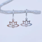 Gold Lotus Earrings Huggie Hoop dangle handmade water lily July birth flower jewelry for summer July birthflower Zen yoga gift for gardener