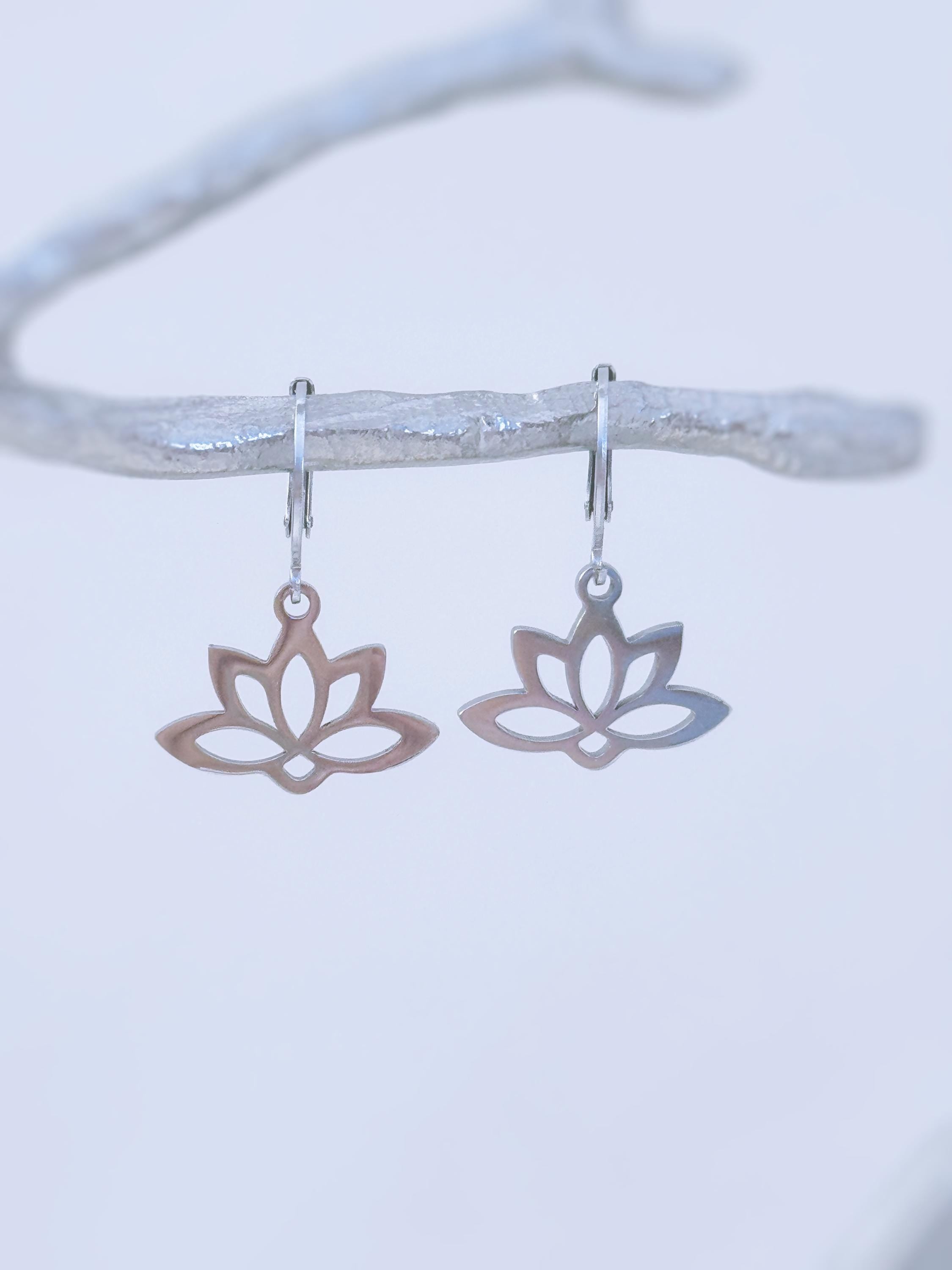 Lotus Earrings Huggie Hoops dangle Gold, Silver Water Lily jewelry