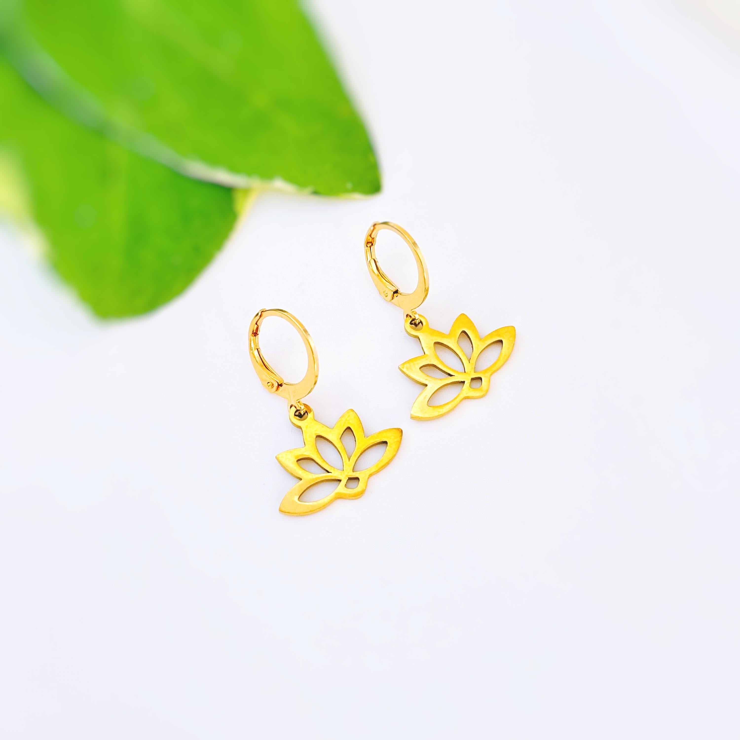 Gold Lotus Earrings Huggie Hoop dangle handmade water lily July birth flower jewelry for summer July Birthflower zen yoga gift for gardener