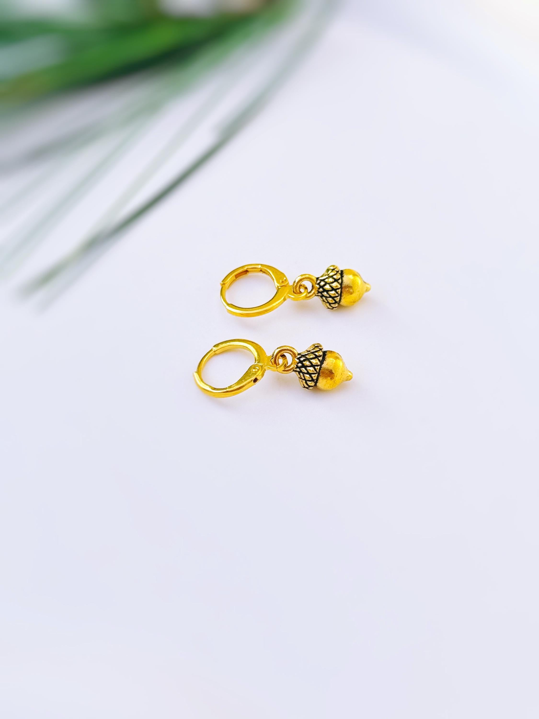 Dainty Gold Acorn Earrings dangle Huggie Hoop handmade nature autumn fall jewelry for women earthy woodland gifts for sister, friend, mom