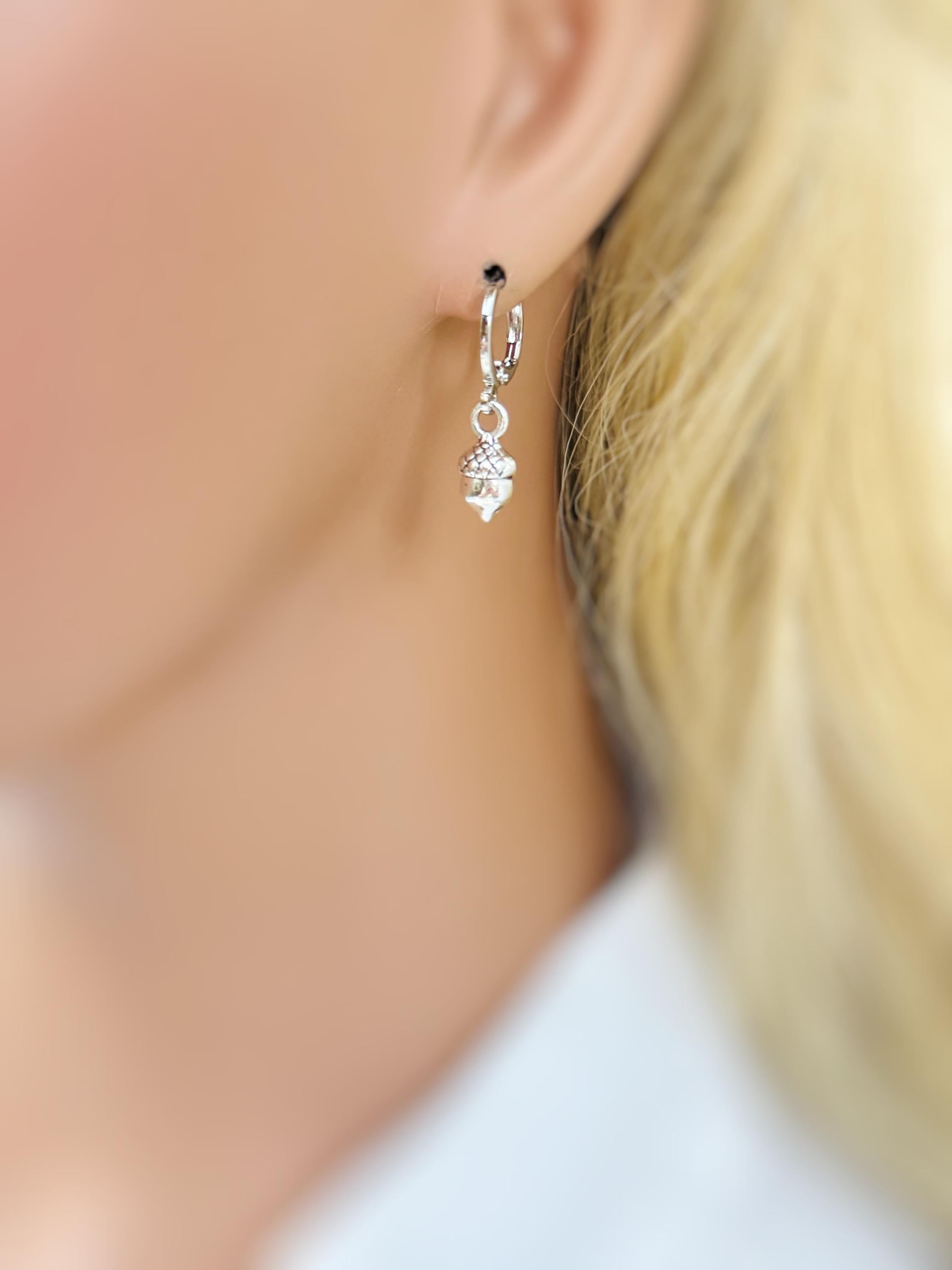 Dainty Gold Acorn Earrings dangle Huggie Hoop handmade nature autumn fall jewelry for women earthy woodland gifts for sister, friend, mom