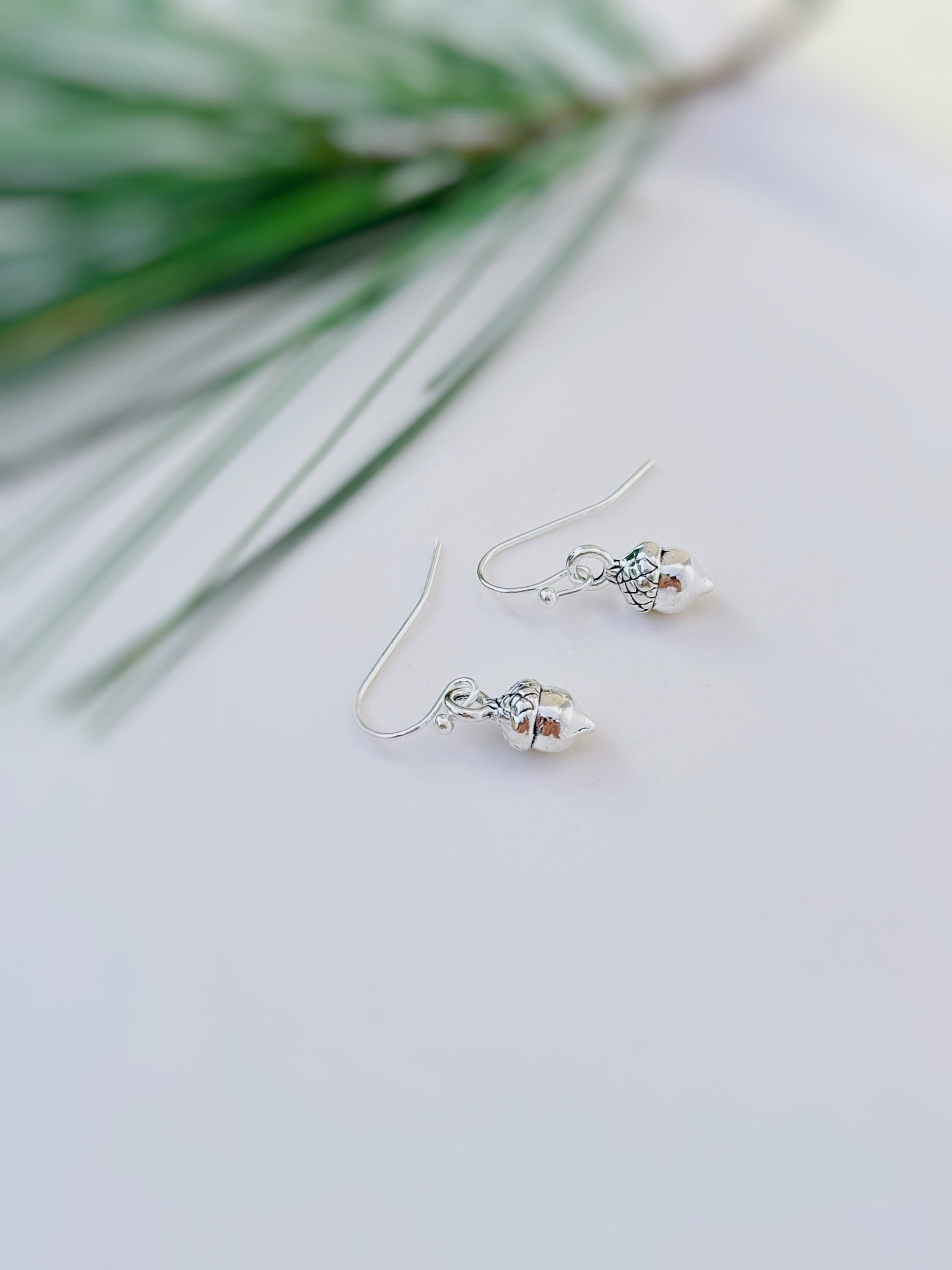 Dainty Gold Acorn Earrings dangle Huggie Hoop handmade nature autumn fall jewelry for women earthy woodland gifts for sister, friend, mom