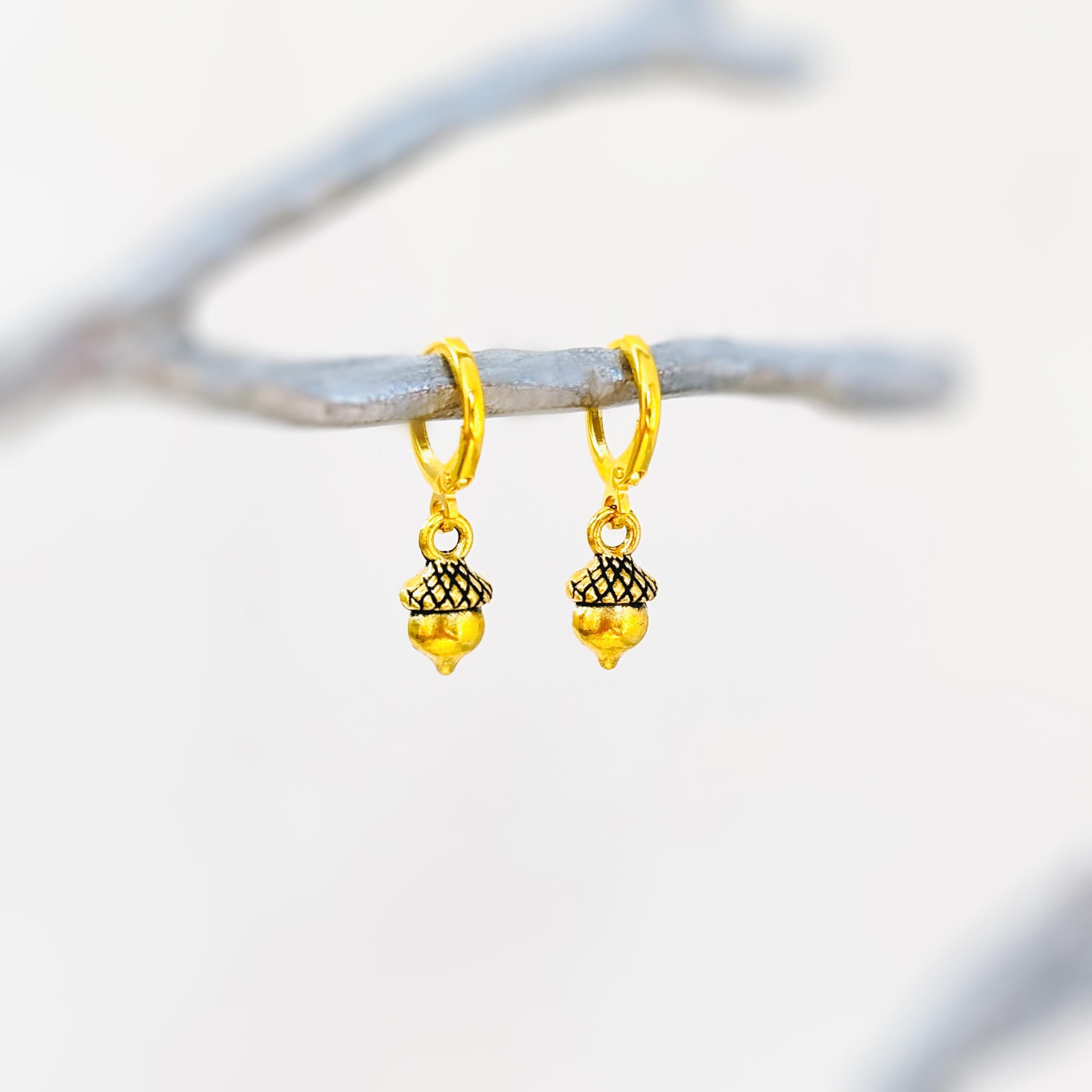 Dainty Gold Acorn Earrings  dangle Huggie Hoop handmade nature autumn fall jewelry for women earthy woodland gifts for sister, friend, mom