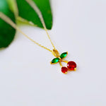 Dainty Gold Cherry Necklace cute red and green fruit jewelry food pendant for women unique, trendy charm pendant gift for foodie, chef, mom