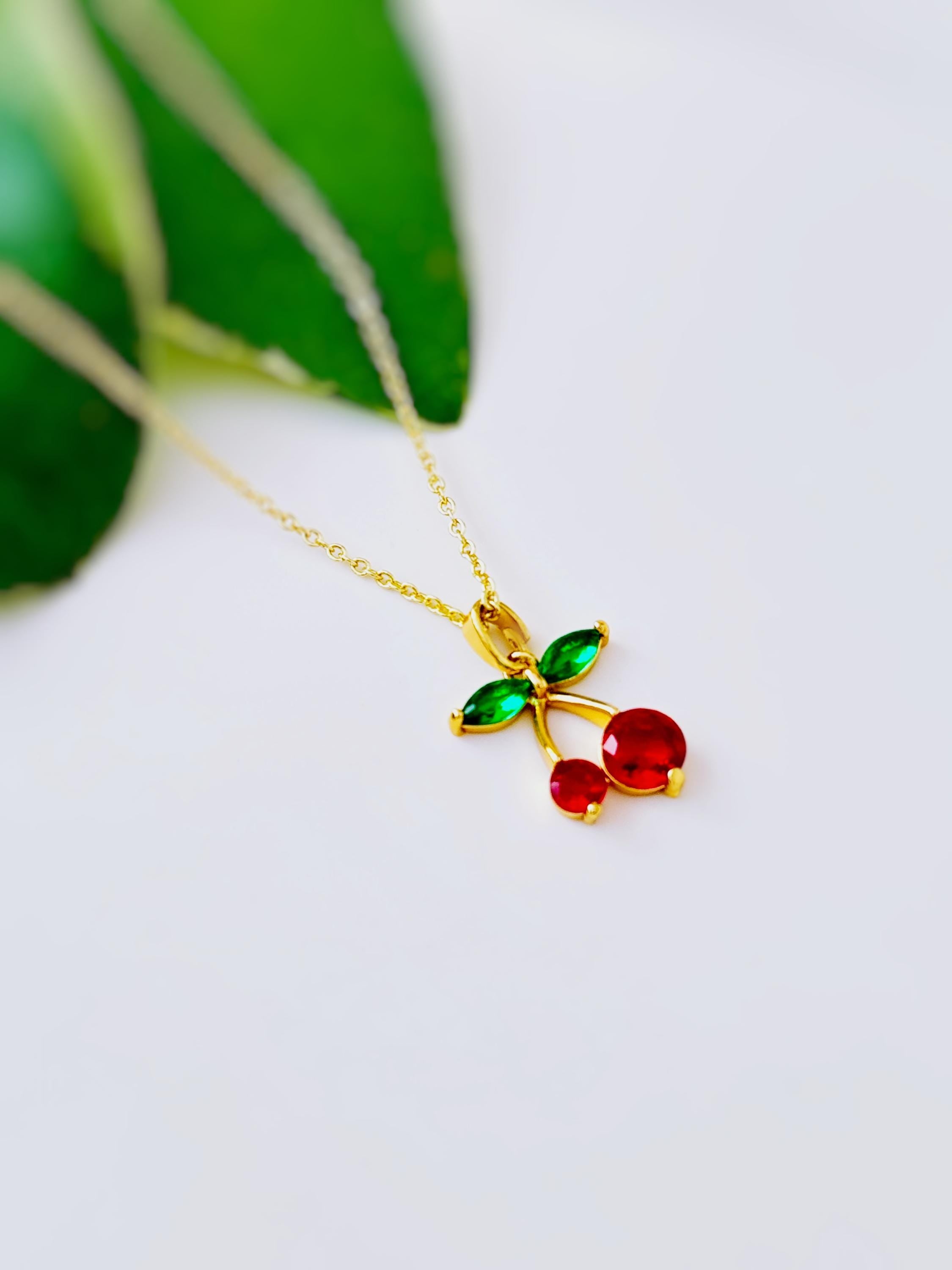 Dainty Gold Cherry Necklace cute red and green fruit jewelry food pendant for women unique, trendy charm pendant gift for foodie, chef, mom