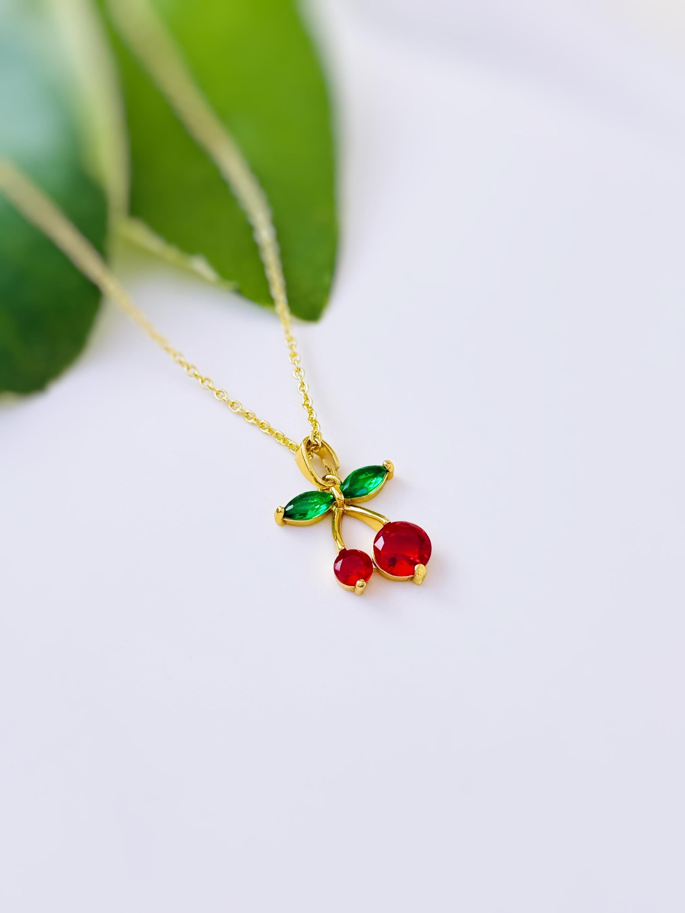 Dainty Gold Cherry Necklace cute red and green fruit jewelry food pendant for women unique, trendy charm pendant gift for foodie, chef, mom