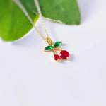Dainty Gold Cherry Necklace cute red and green fruit jewelry food pendant for women unique, trendy charm pendant gift for foodie, chef, mom