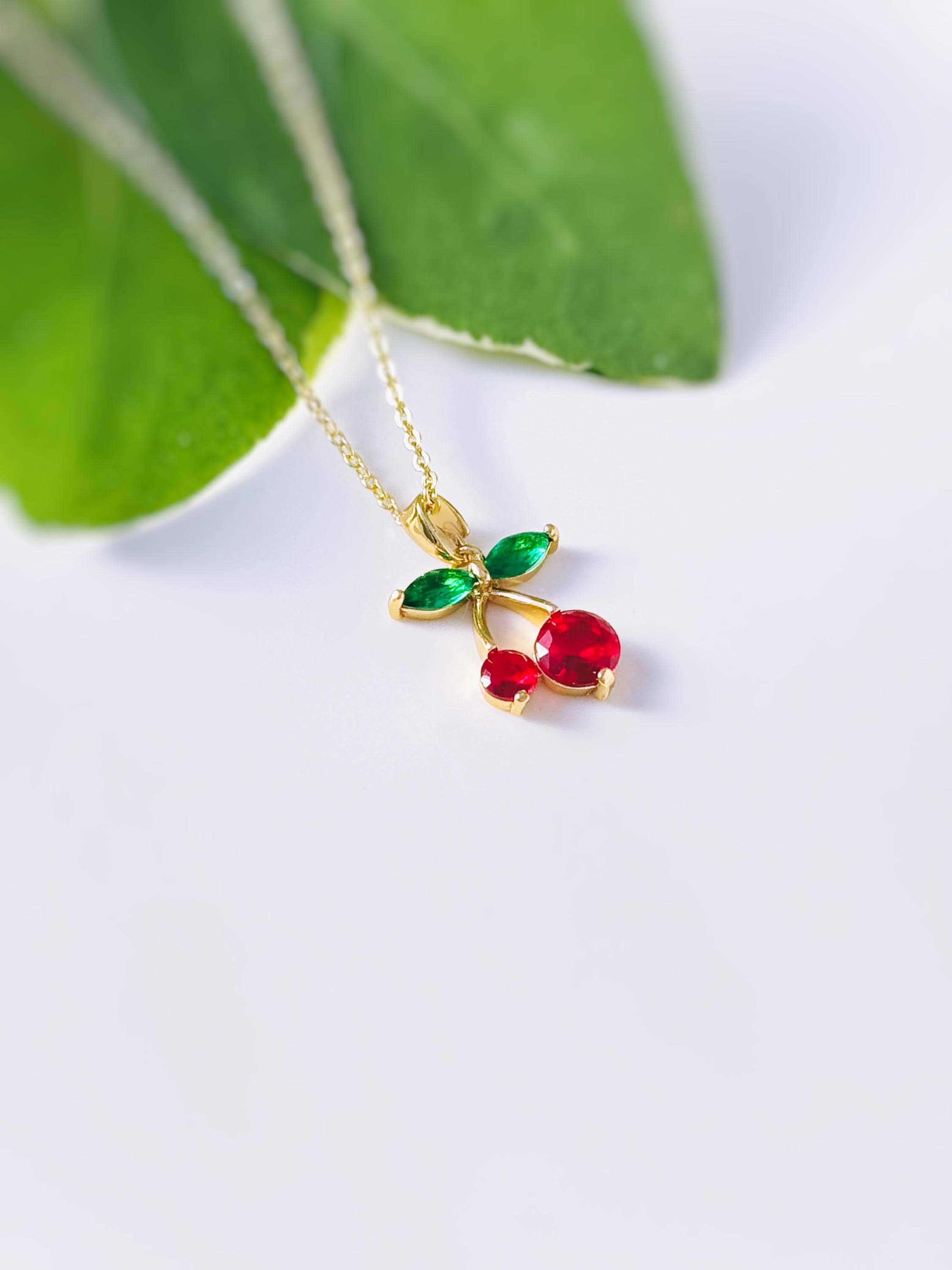 Dainty Gold Cherry Necklace cute red and green fruit jewelry food pendant for women unique, trendy charm pendant gift for foodie, chef, mom