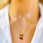 Dainty Gold Cherry Necklace cute red and green fruit jewelry food pendant for women unique, trendy charm pendant gift for foodie, chef, mom