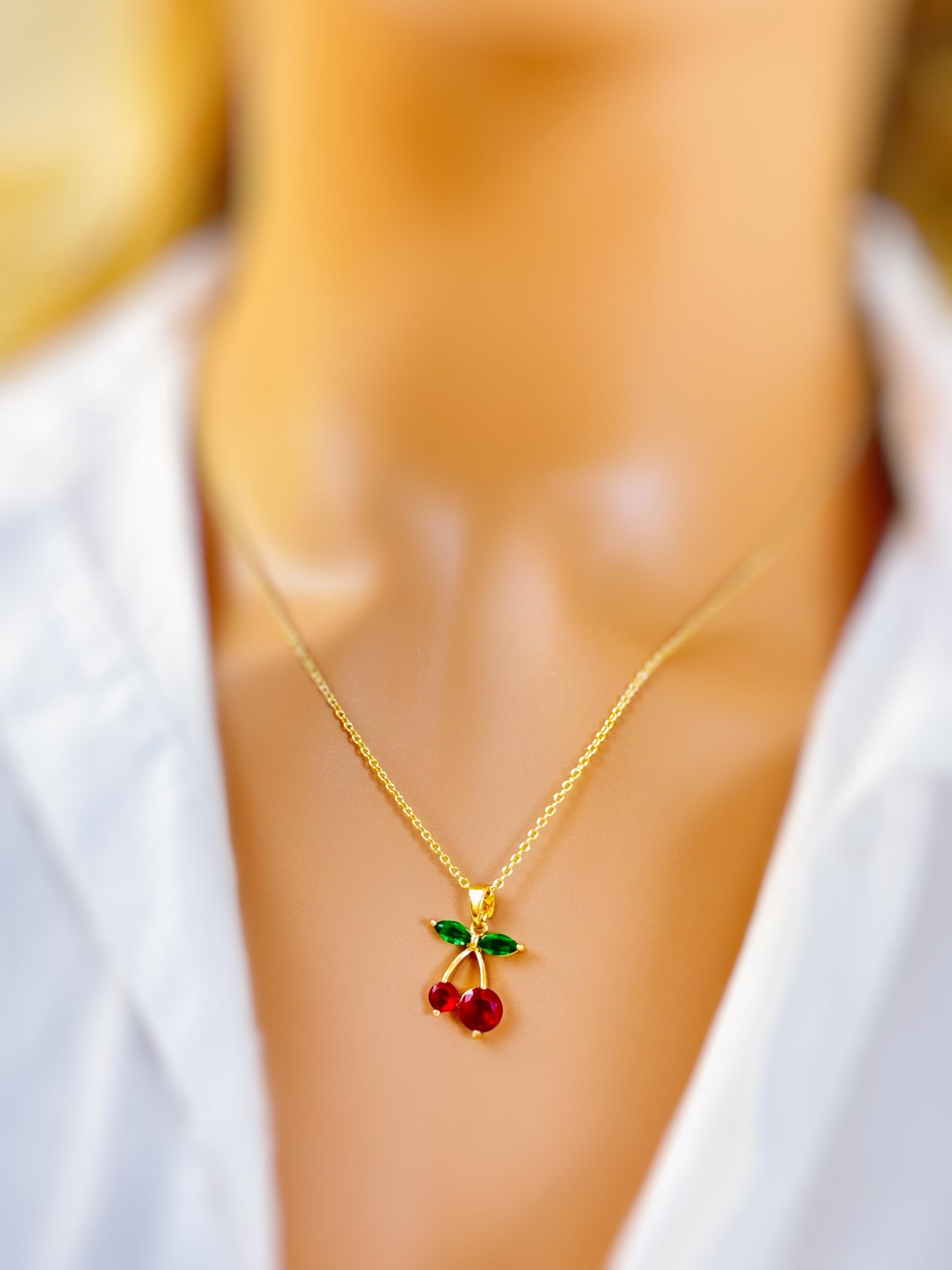 Dainty Gold Cherry Necklace cute red and green fruit jewelry food pendant for women unique, trendy charm pendant gift for foodie, chef, mom