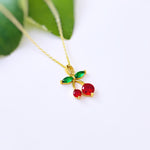 Dainty Gold Cherry Necklace  cute red and green fruit jewelry food pendant for women unique, trendy charm pendant gift for foodie, chef, mom