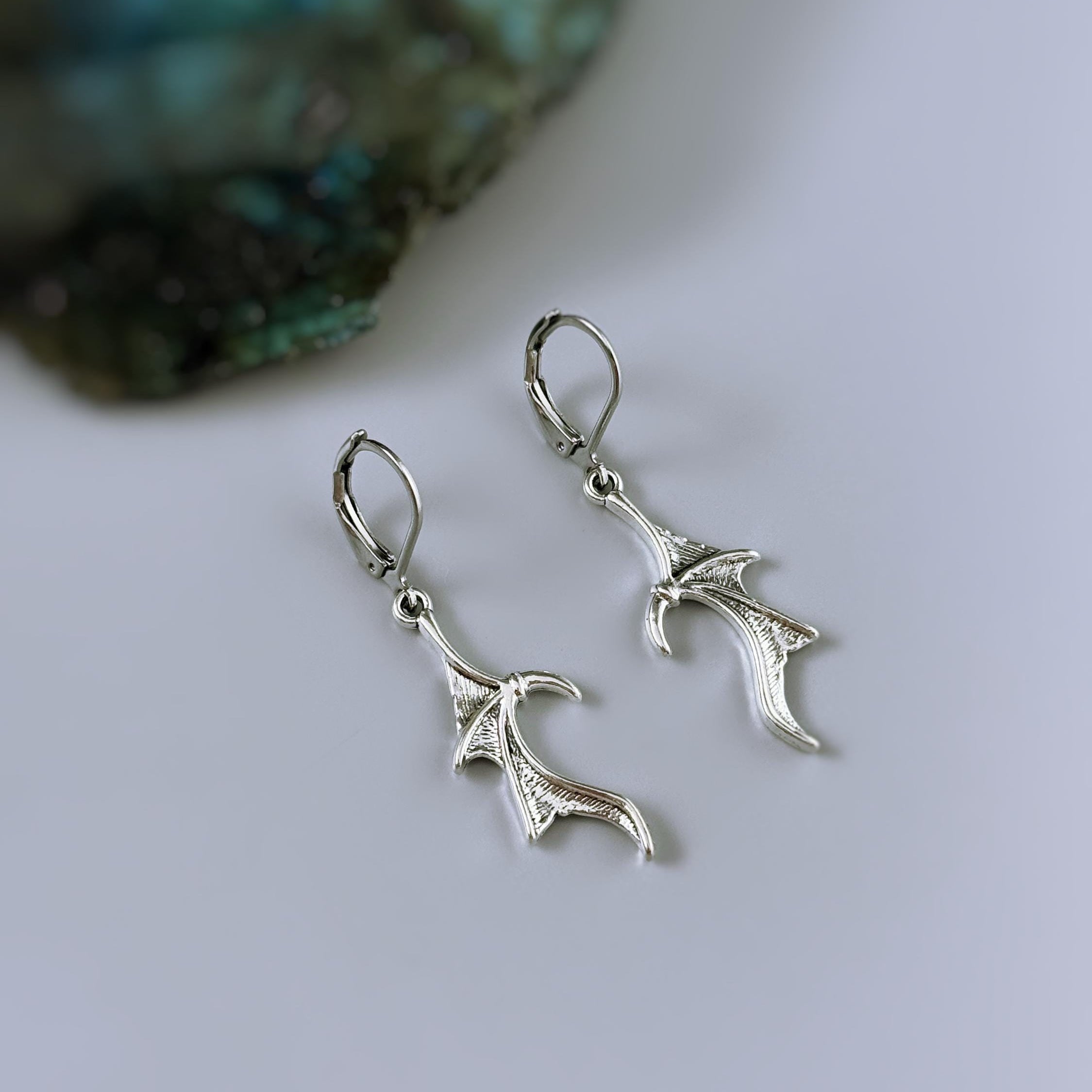 Silver Dragon Wing Earrings dangle handmade whimsigoth jewelry stainless steel grunge gothic earrings spooky Halloween witchy earrings gift