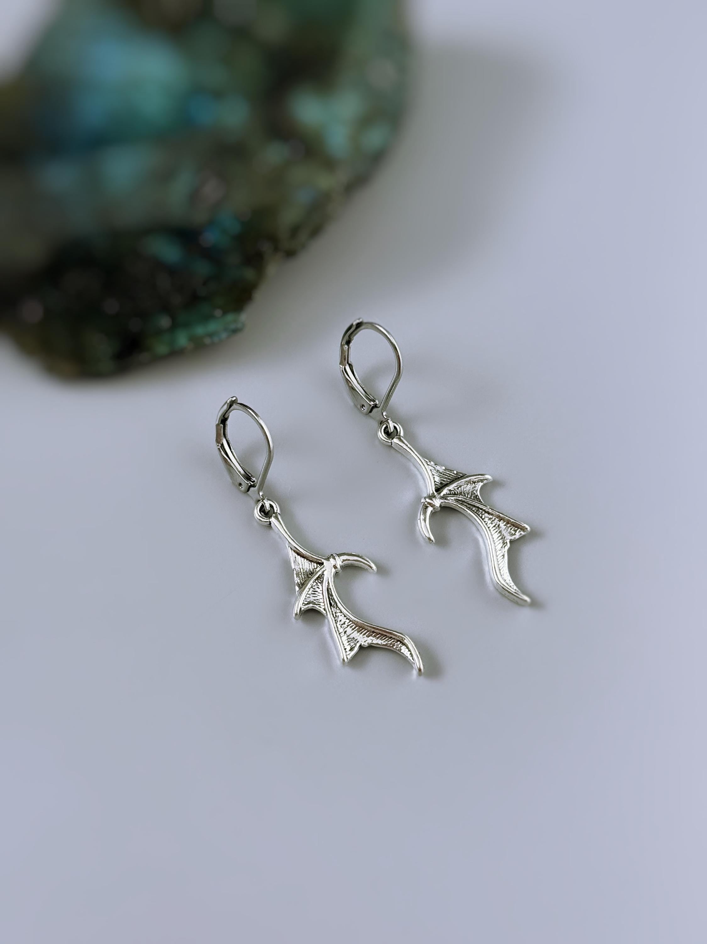 Silver Dragon Wing Earrings dangle handmade whimsigoth jewelry stainless steel grunge gothic earrings spooky Halloween witchy earrings gift