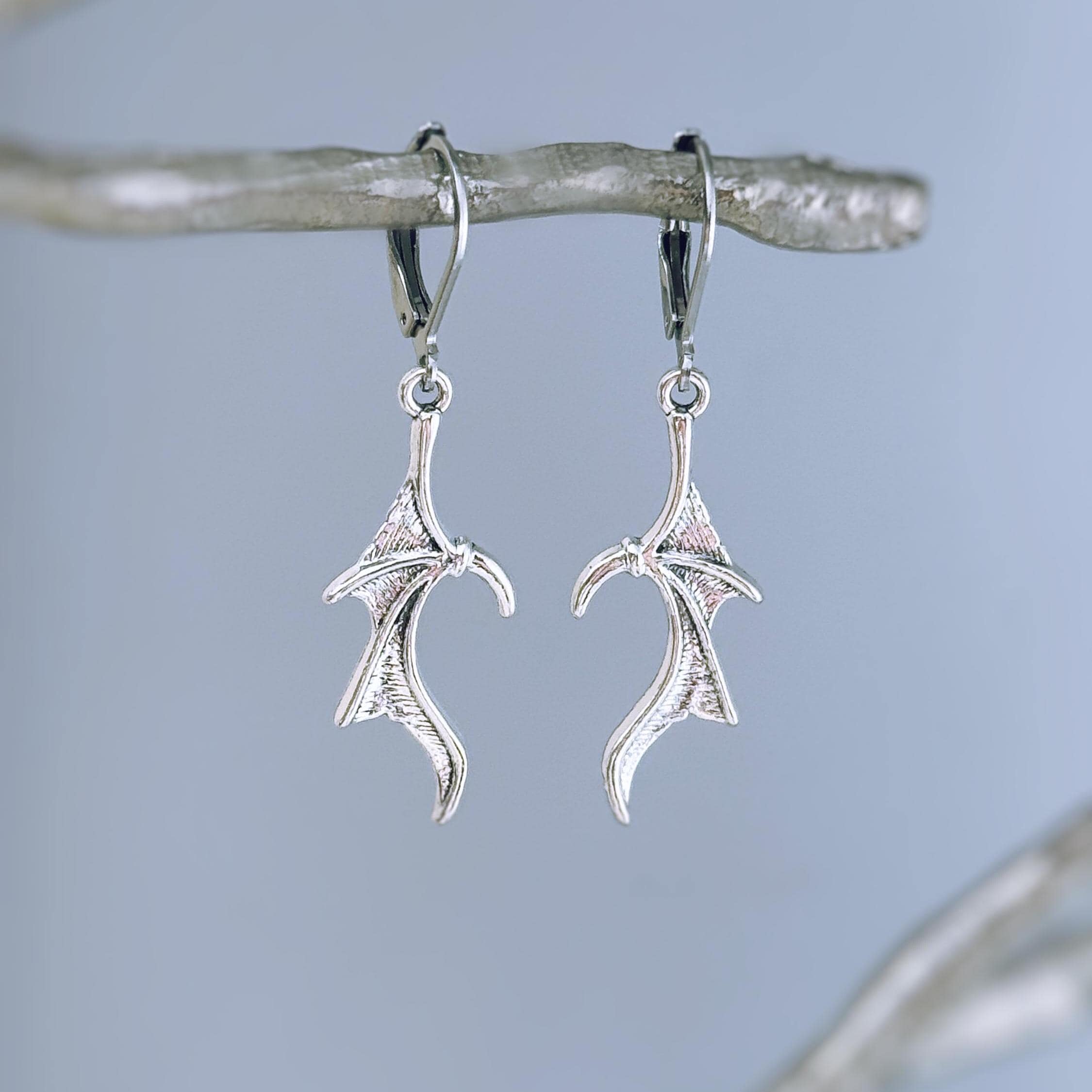 Silver Dragon  Wing Earrings dangle handmade gothic jewelry stainless steel grunge goth earrings spooky  Halloween witchy earrings for women