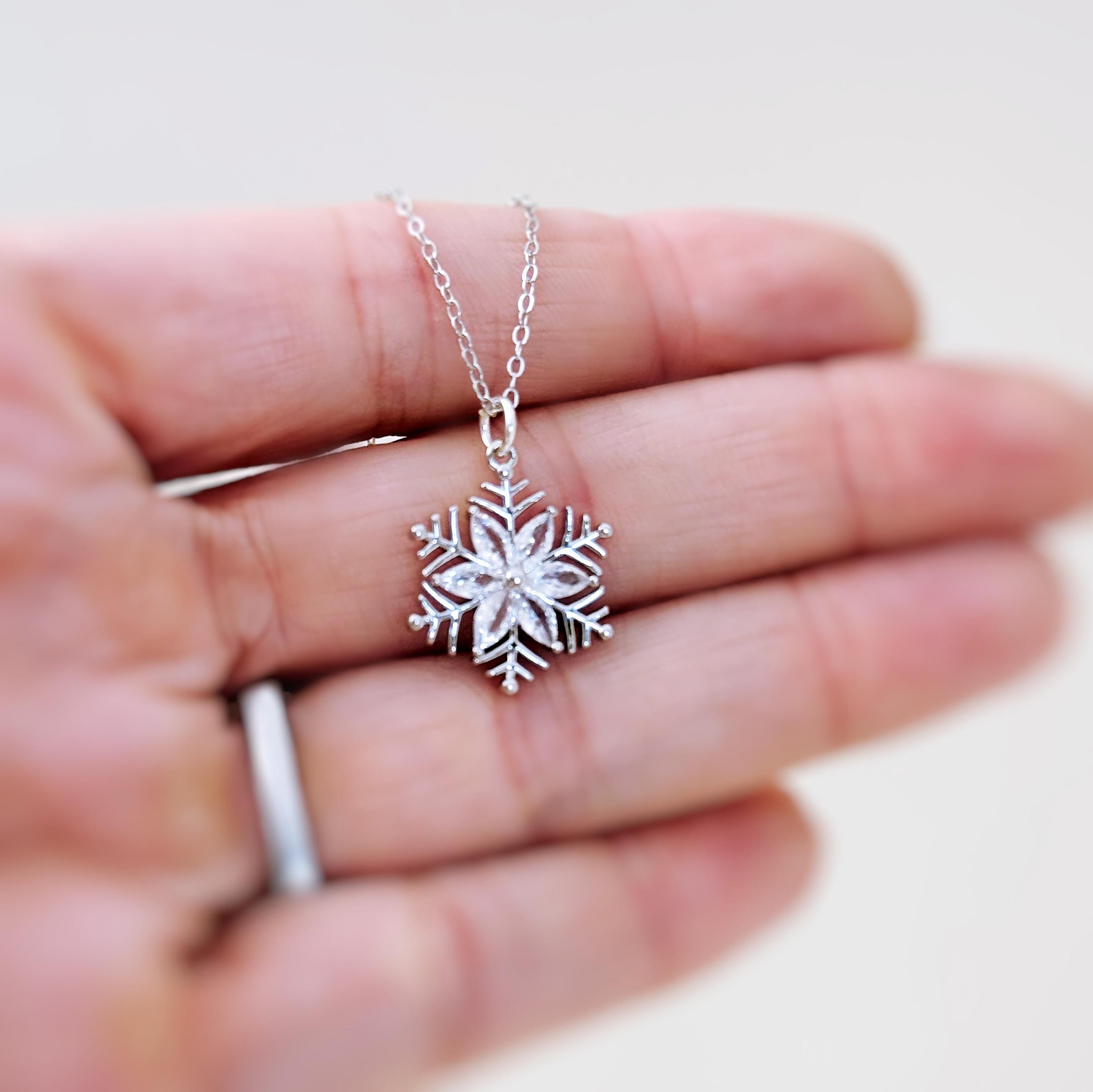 Silver Snowflake Necklace handmade gold crystal winter wedding jewelry festive sparkling Christmas necklace gift for women, holiday parties