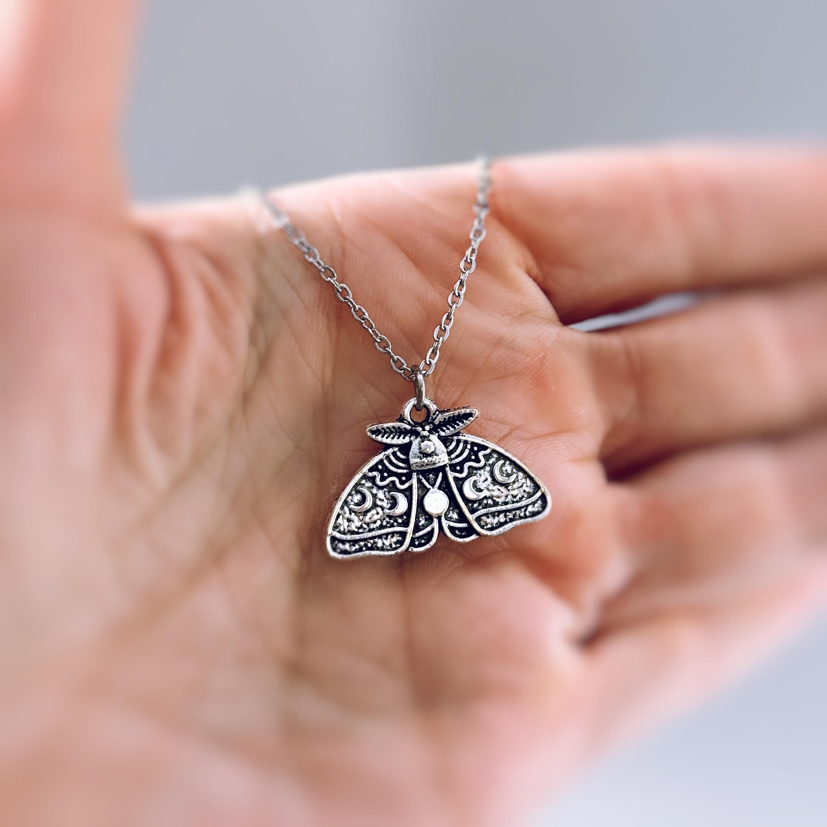 Silver Moth Necklace handmade whimsigoth jewelry gothic insect bug jewelry stainless steel grunge goth moon phase deaths head moth pendant
