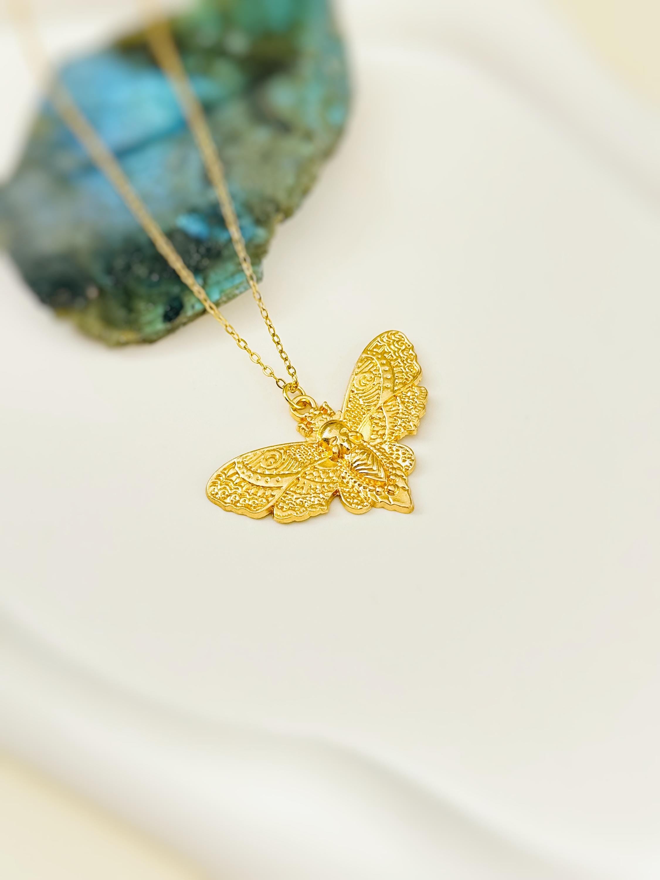 Gold Moth Necklace handmade silverwhimsigoth jewelry statement pendant gothic insect bug jewelry goth deathshead moth symbolic rebirth gift