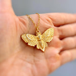 Gold Moth Necklace handmade silverwhimsigoth jewelry statement pendant gothic insect bug jewelry goth deathshead moth symbolic rebirth gift