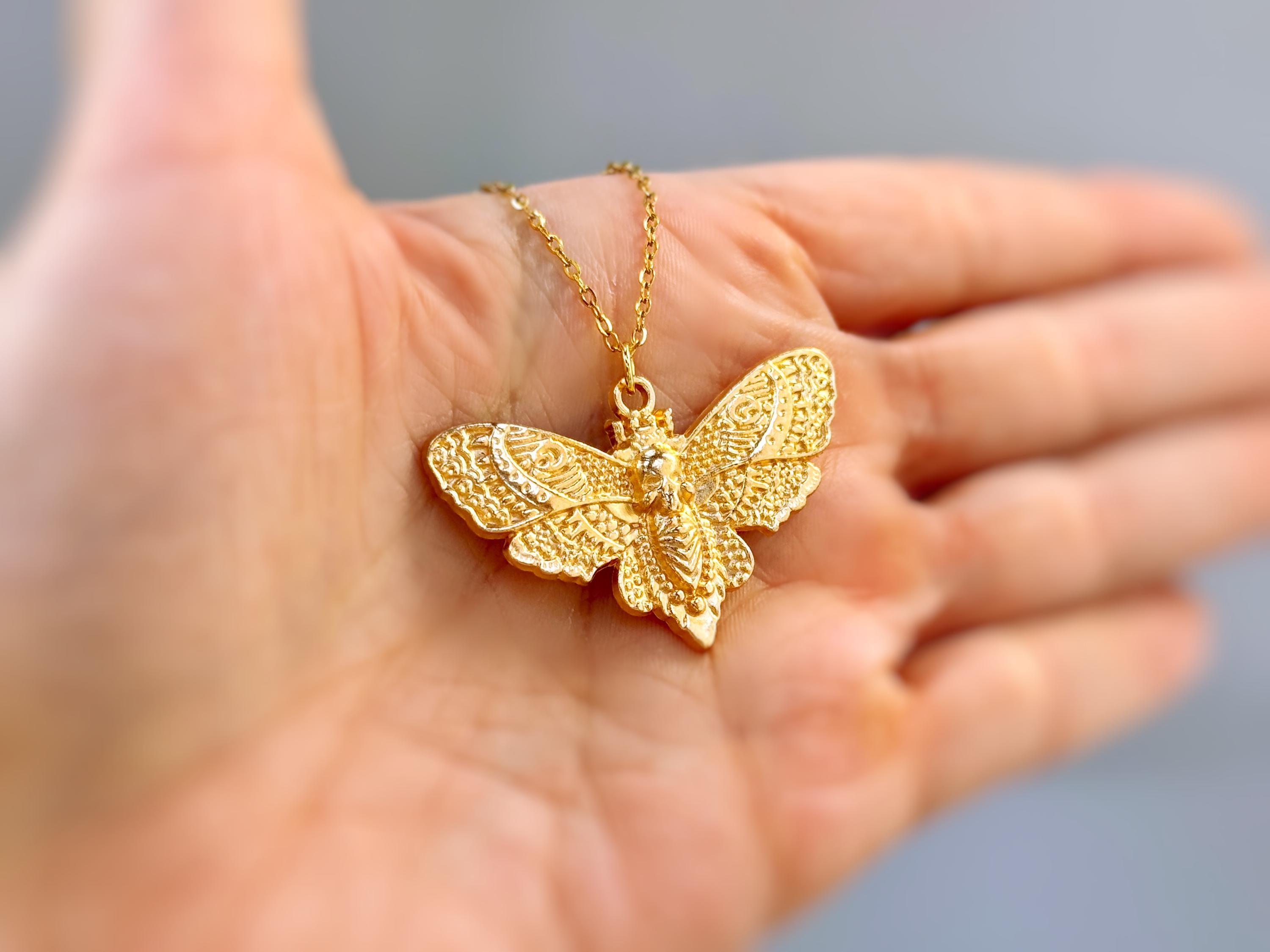 Gold Moth Necklace handmade silverwhimsigoth jewelry statement pendant gothic insect bug jewelry goth deathshead moth symbolic rebirth gift