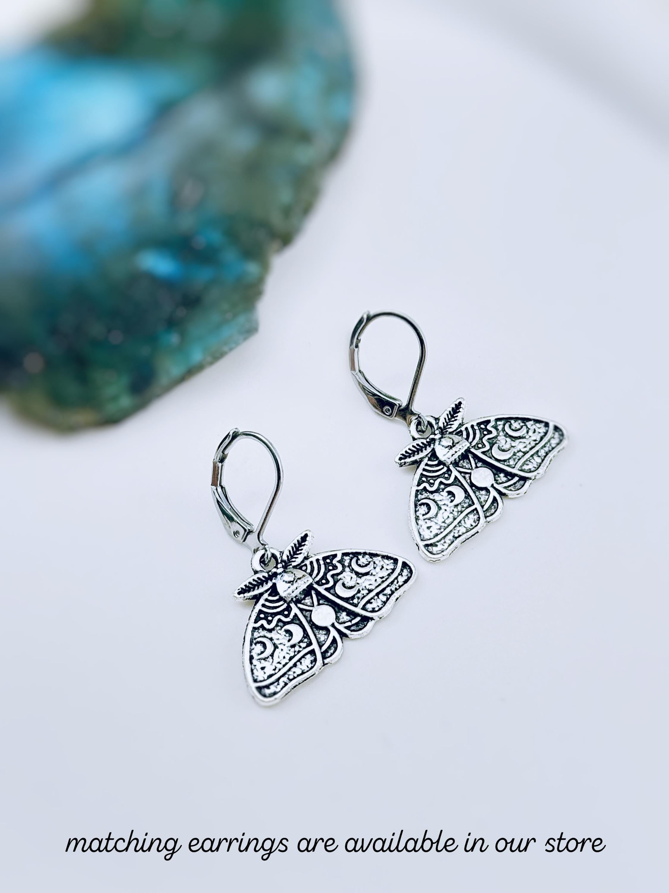 Silver Moth Necklace handmade whimsigoth jewelry gothic insect bug jewelry stainless steel grunge goth moon phase deaths head moth pendant