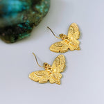 Gold Moth Earrings dangle handmade silver whimsigoth jewelry gothic insect bug jewelry gothic deaths head moth statement earrings for her