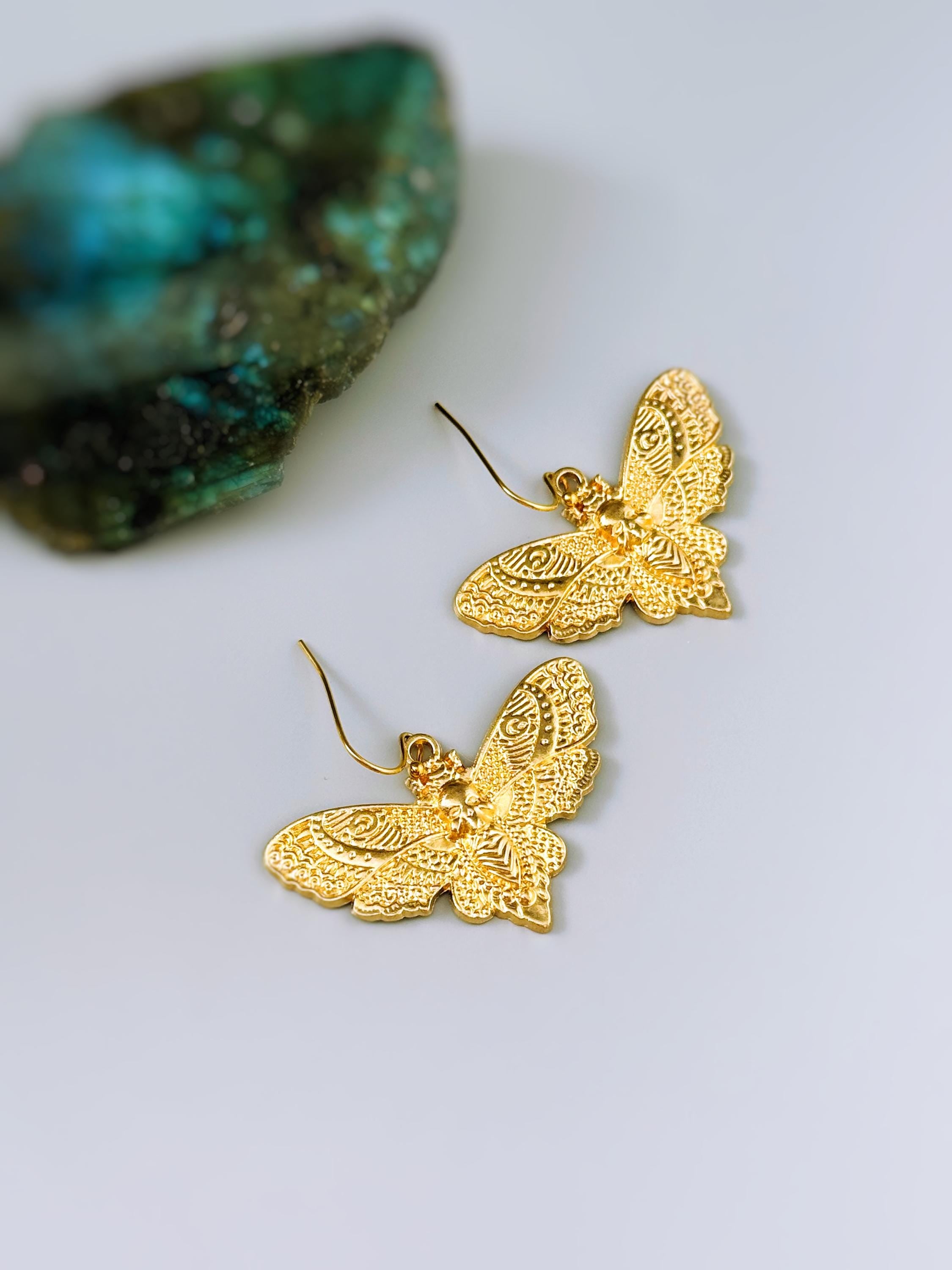 Gold Moth Earrings dangle handmade silver whimsigoth jewelry gothic insect bug jewelry gothic deaths head moth statement earrings for her