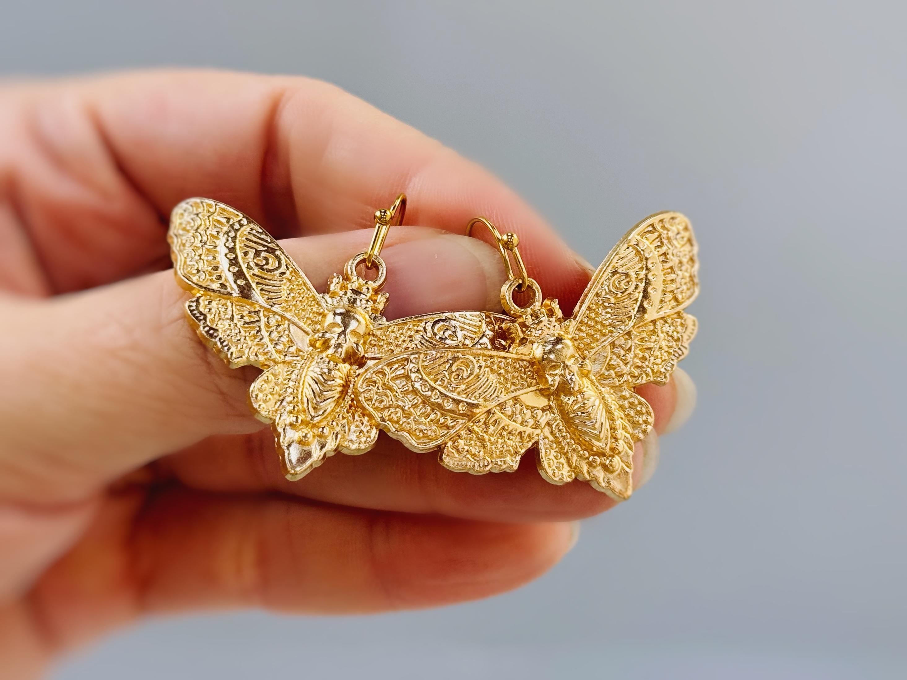 Gold Moth Earrings dangle handmade silver whimsigoth jewelry gothic insect bug jewelry gothic deaths head moth statement earrings for her