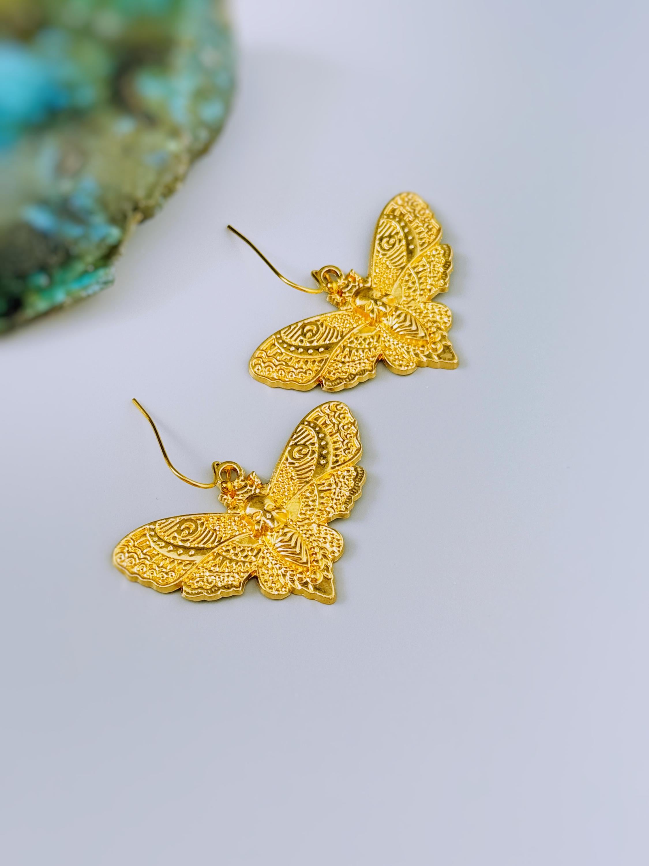 Gold Moth Earrings dangle handmade silver whimsigoth jewelry gothic insect bug jewelry gothic deaths head moth statement earrings for her