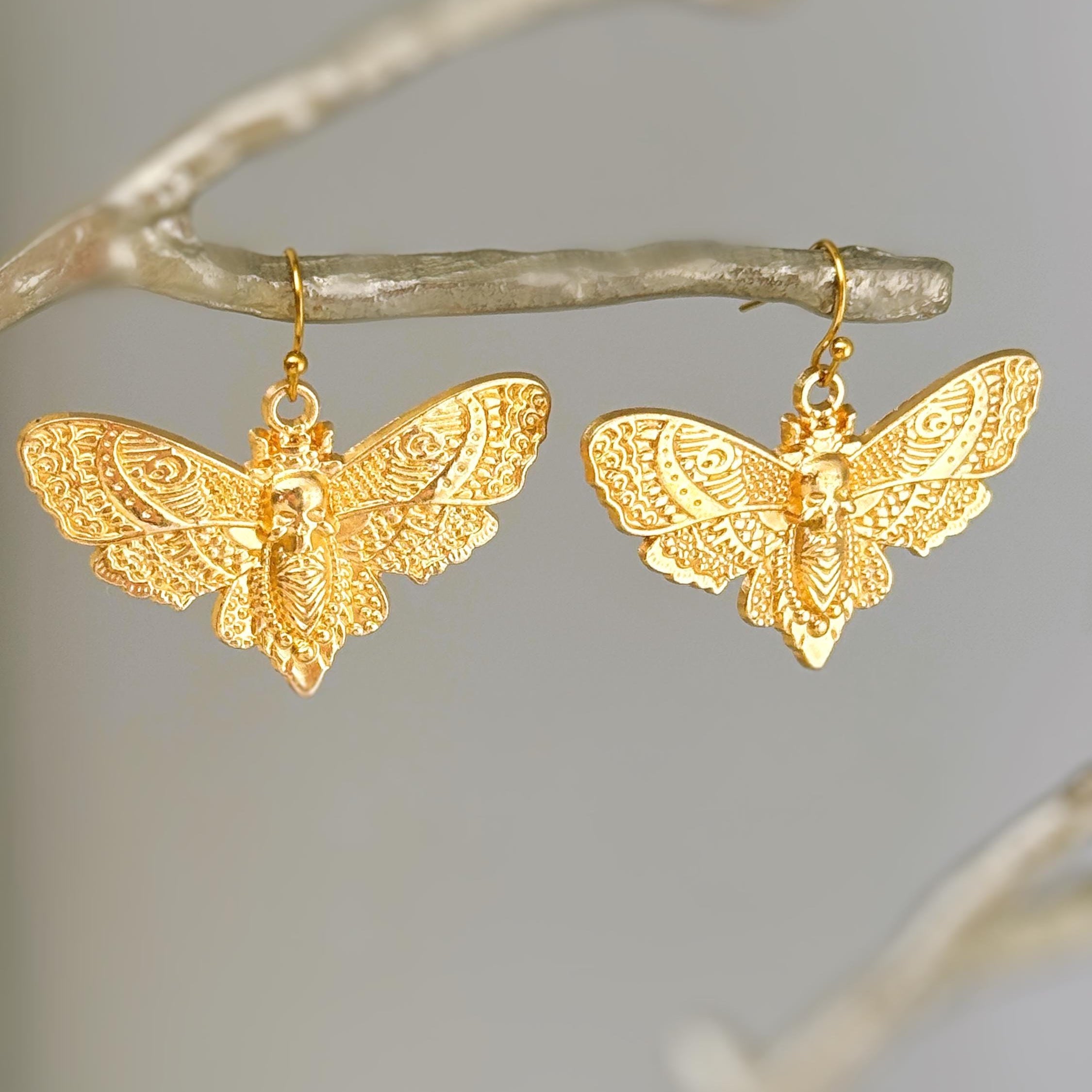 Gold Moth Earrings dangle handmade whimsigoth jewelry gothic insect bug jewelry grunge goth deaths head moth statement earrings for women