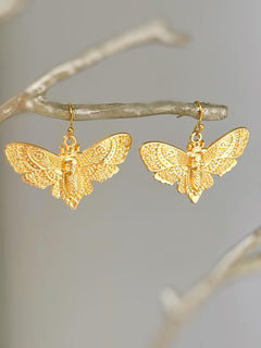 Gold Moth Earrings dangle handmade whimsigoth jewelry gothic insect bug jewelry grunge goth deaths head moth statement earrings for women