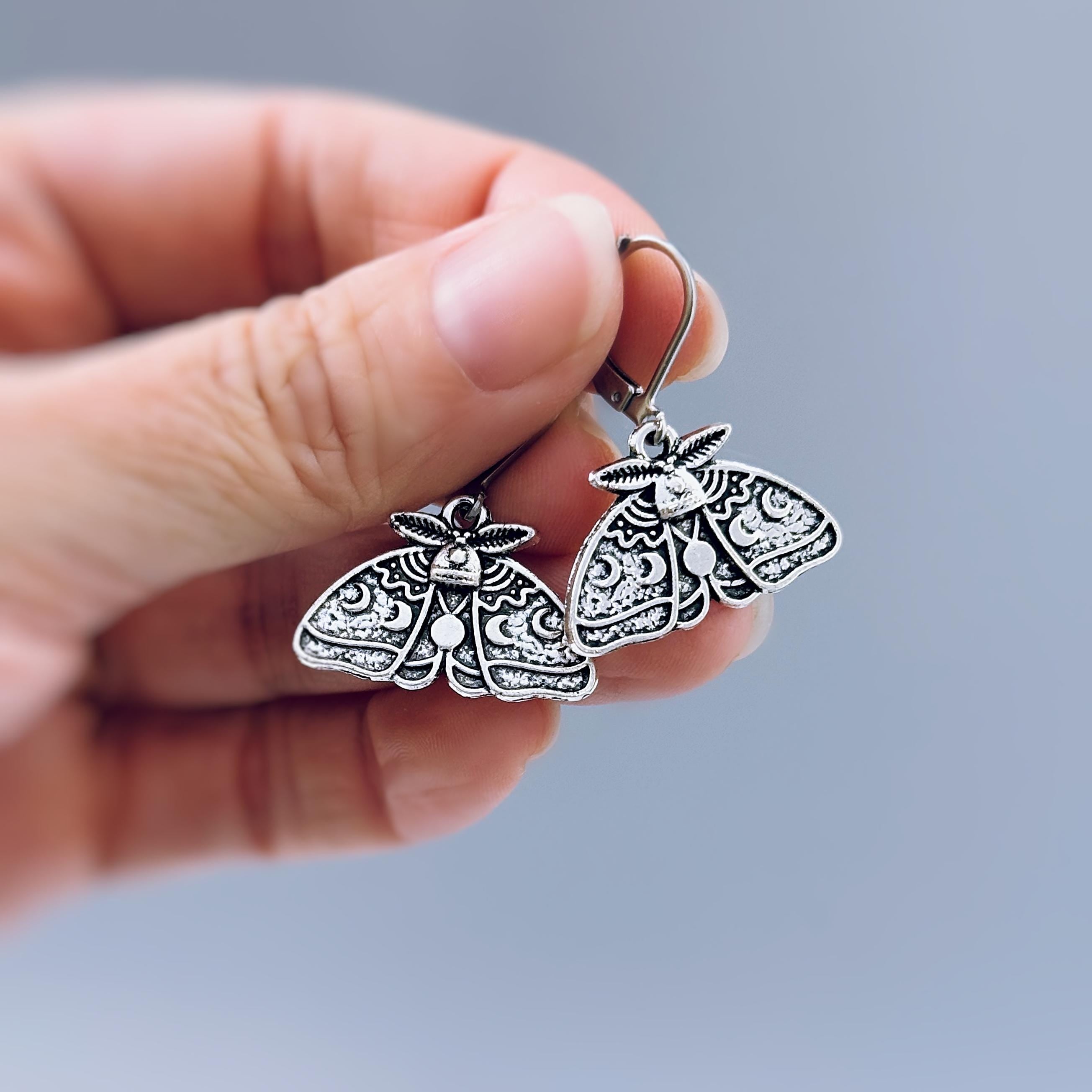 Silver Moth Earrings dangle handmade whimsigoth jewelry gothic insect bug jewelry grunge goth deaths head moth statement earrings for women