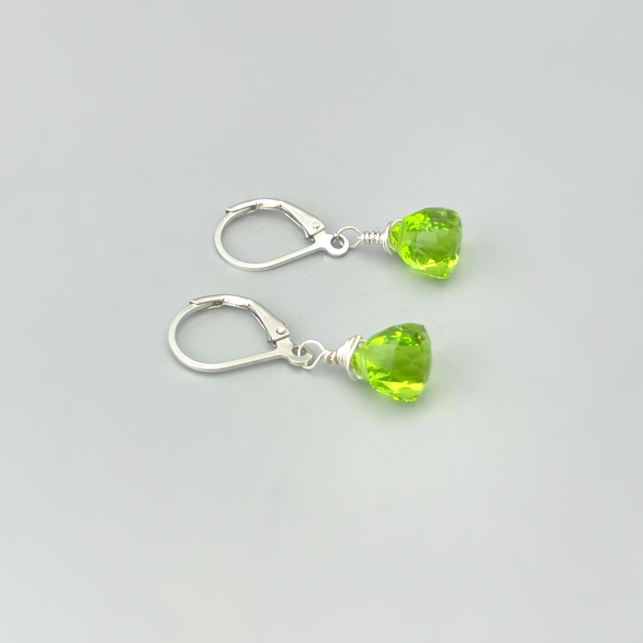 Peridot Quartz Earrings dangle Sterling Silver 14k gold Rose Gold Dainty tear drop Green Gemstone crystal dangly Handmade Birthstone Jewelry