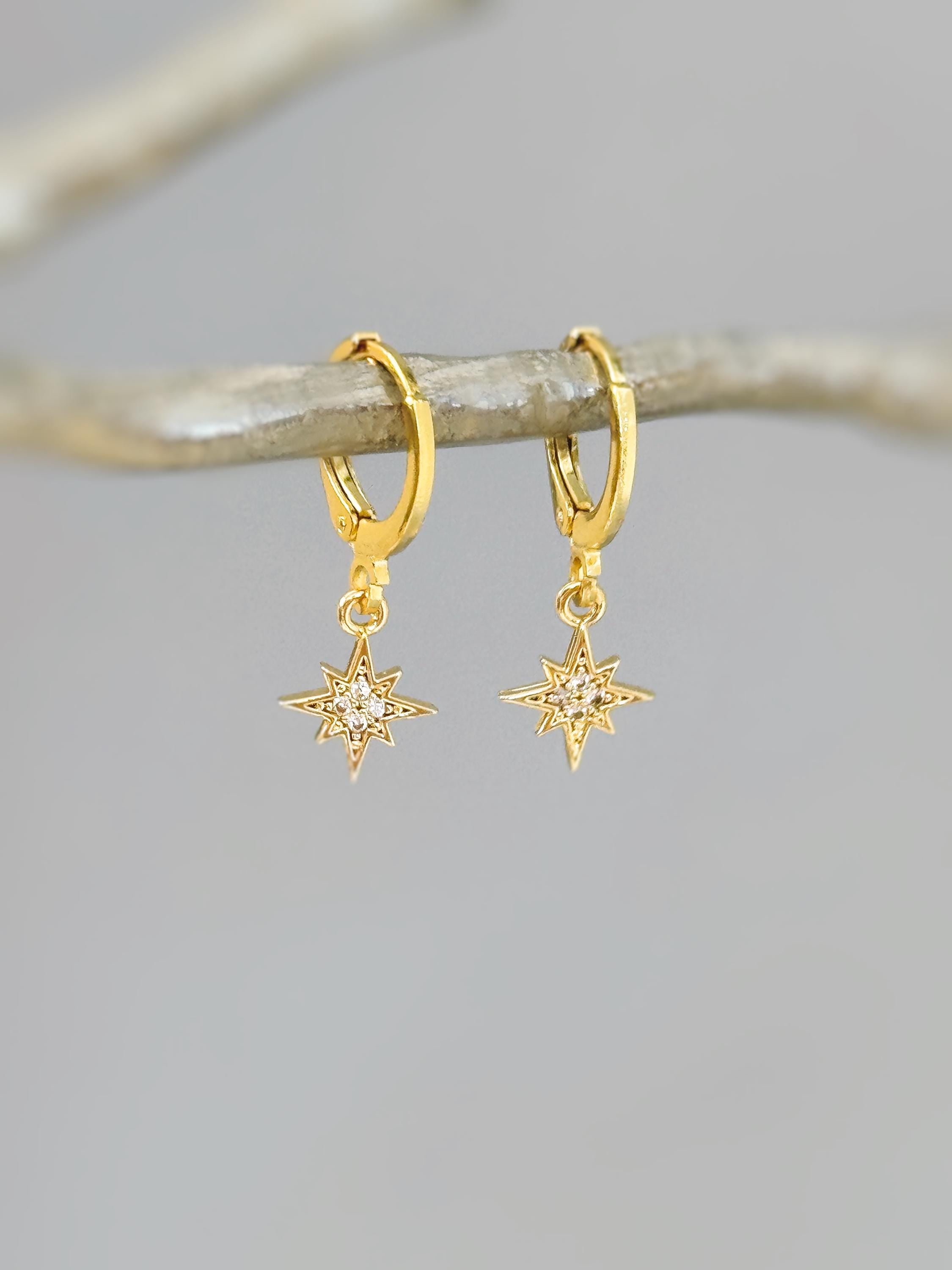Tiny North Star Earrings dangle gold Huggie Hoops dainty minimalist Polaris charm crystal earrings handmade jewelry gift for daughter, bff