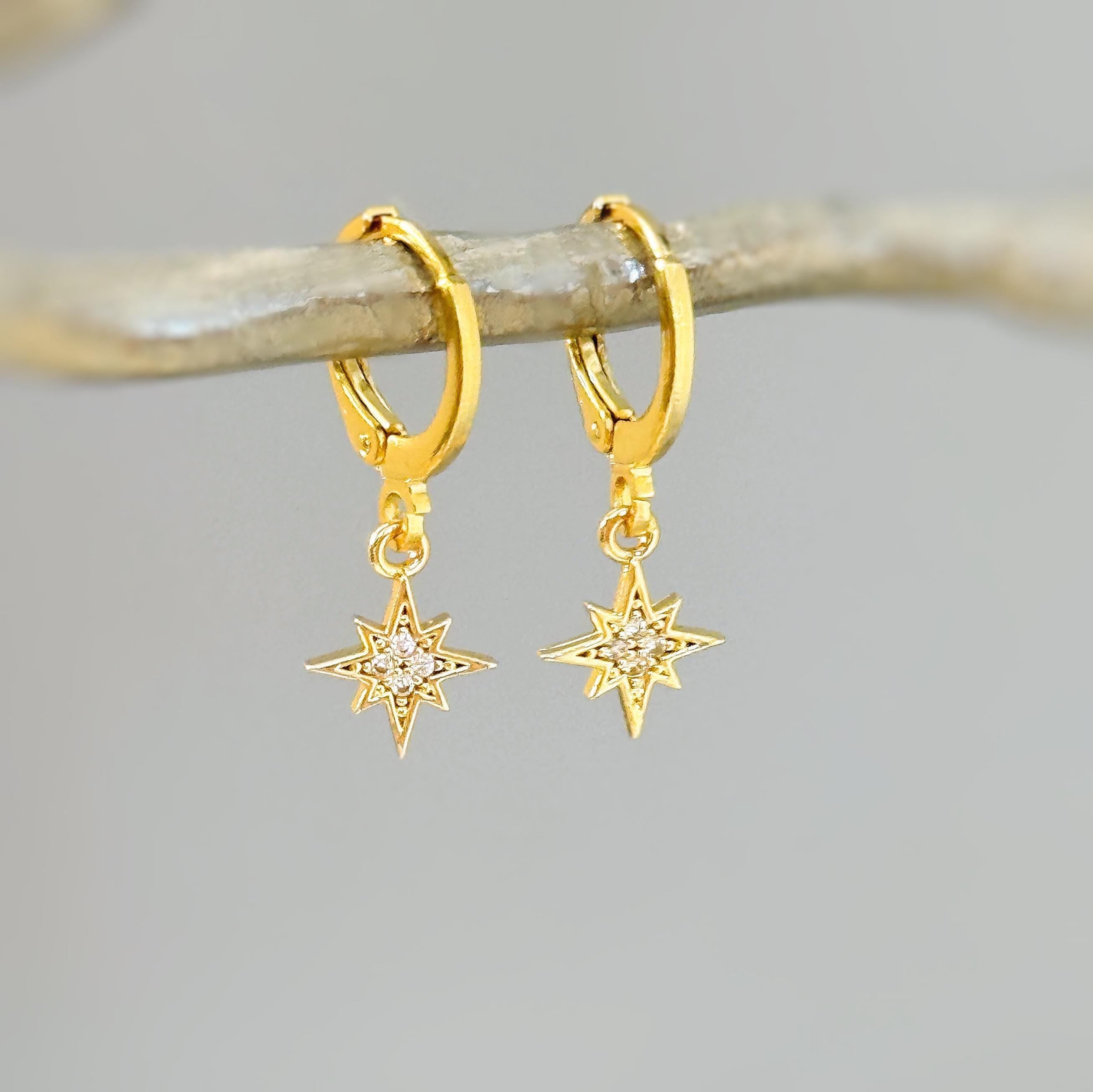 Tiny North Star Earrings dangle gold Huggie Hoops dainty minimalist Polaris charm crystal earrings handmade jewelry gift for daughter, bff