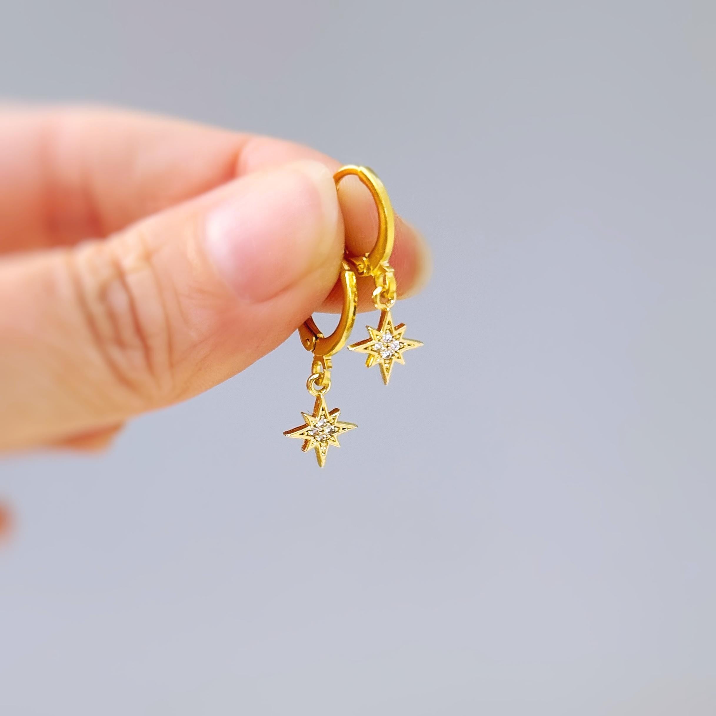 Tiny North Star Earrings dangle gold Huggie Hoops dainty minimalist polaris charm crystal earrings handmade jewelry gift for daughter, bff