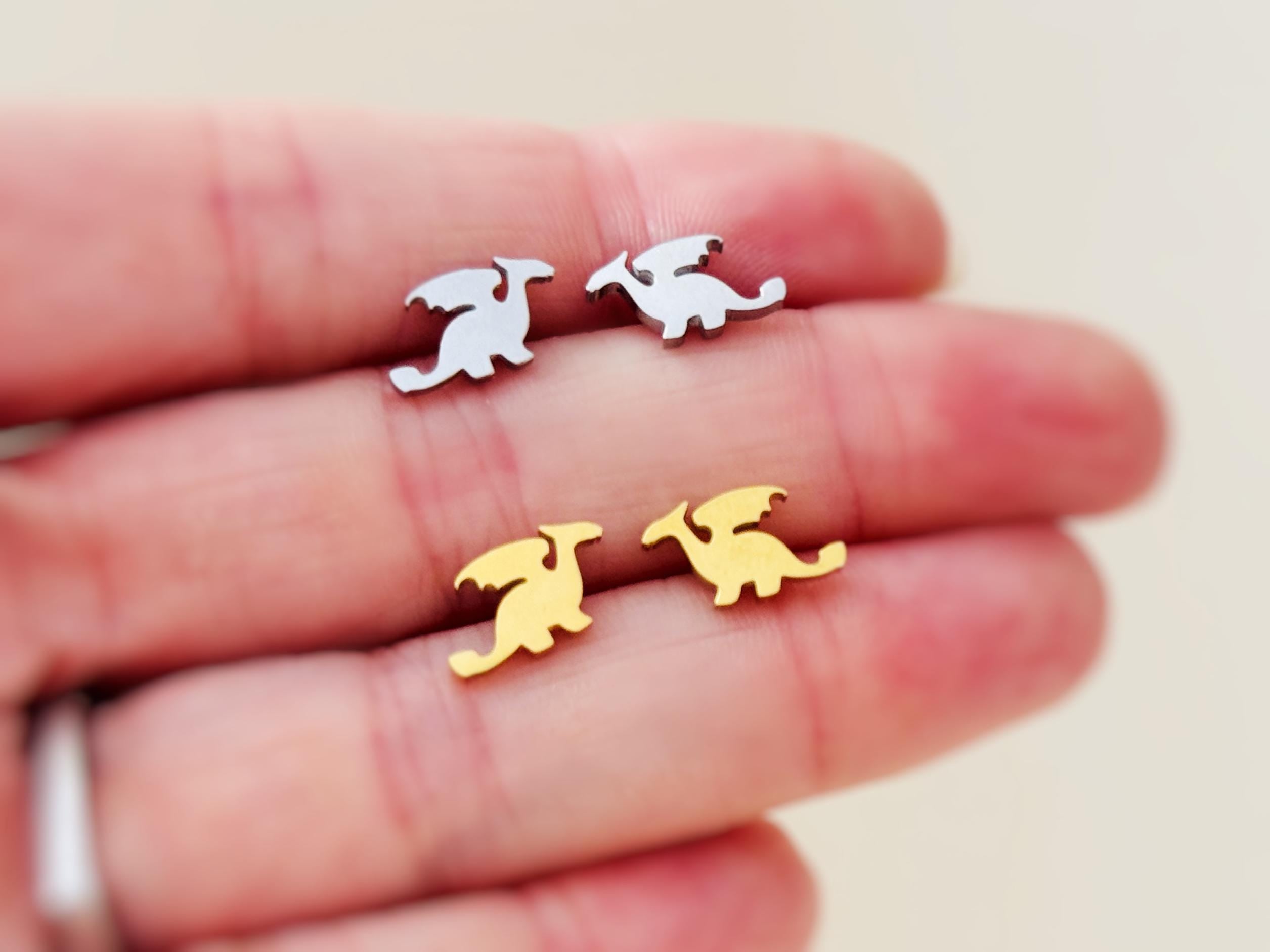 Tiny Dragon Earrings studs in silver, gold, cute dainty trendy fantasy jewelry gift for girlfriend, sister, daughter, friend, bff, roommate