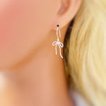 Sterling Silver Ribbon Bow Earrings dangle romantic gift for girlfriend wife handmade jewelry for women long leverback bowknot charms