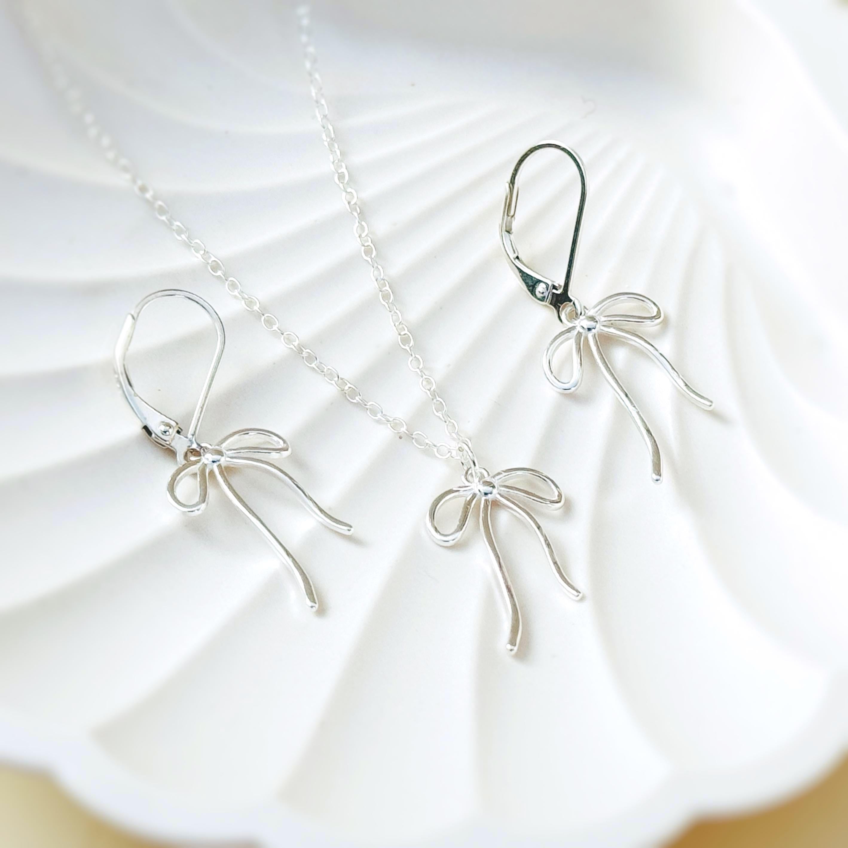 Sterling Silver Ribbon Bow Earrings dangle romantic gift for girlfriend wife handmade jewelry for women long leverback bowknot charms