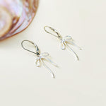 Sterling Silver Ribbon Bow Earrings dangle romantic gift for girlfriend wife handmade jewelry for women long leverback bowknot charms