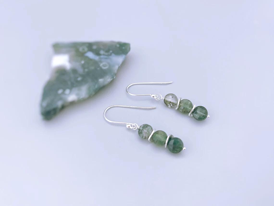 Moss Agate Earrings Rose Gold Dangle