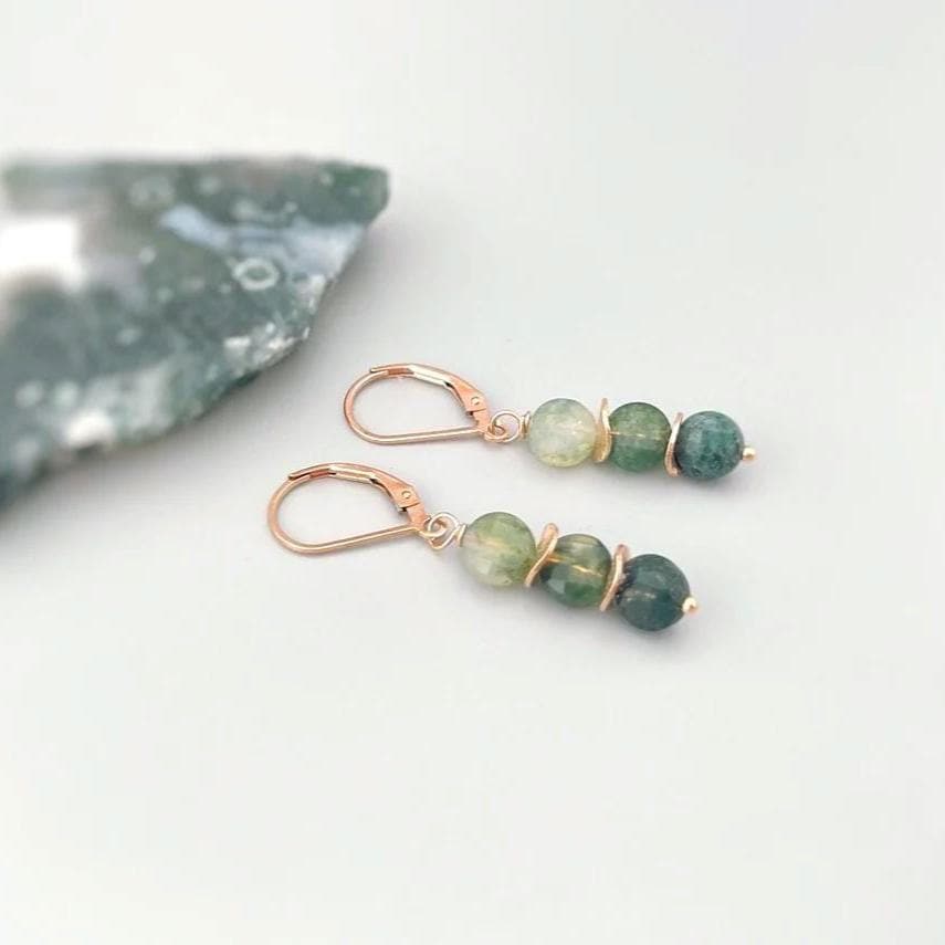 Dangly Moss Agate Earrings, Sterling Silver Green Gemstone Earrings Green long elegant handmade dangle  earrings for women nature tree agate