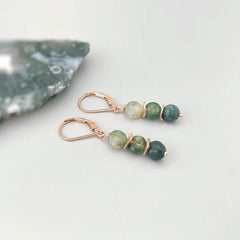 Moss Agate Earrings Dangle Rose Gold, Sterling Silver Green Gemstone Earrings long elegant handmade customizable dangly earrings for women