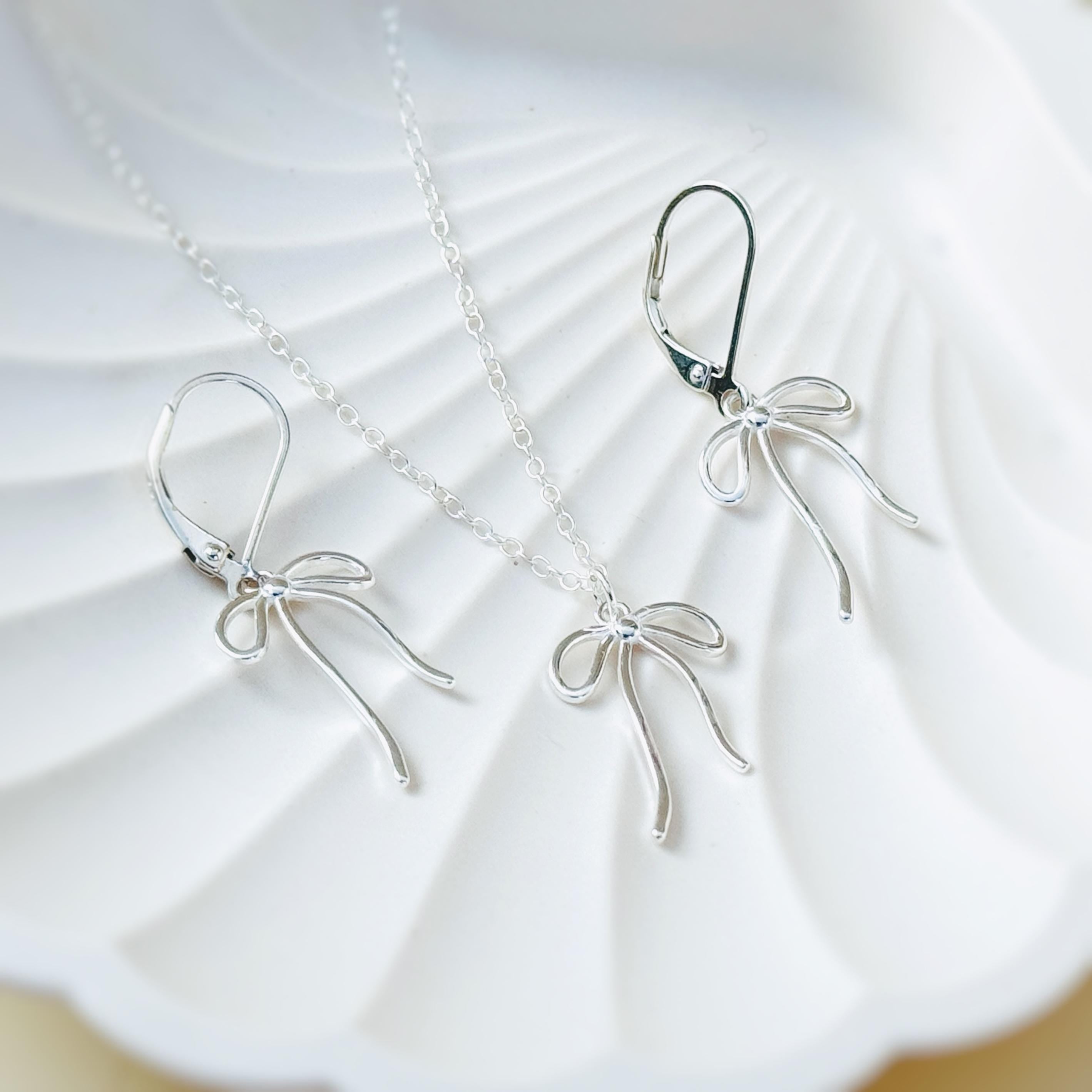 Sterling Silver Ribbon Bow Necklace pendant romantic gift for girlfriend wife handmade jewelry for women coquette bowknot charm