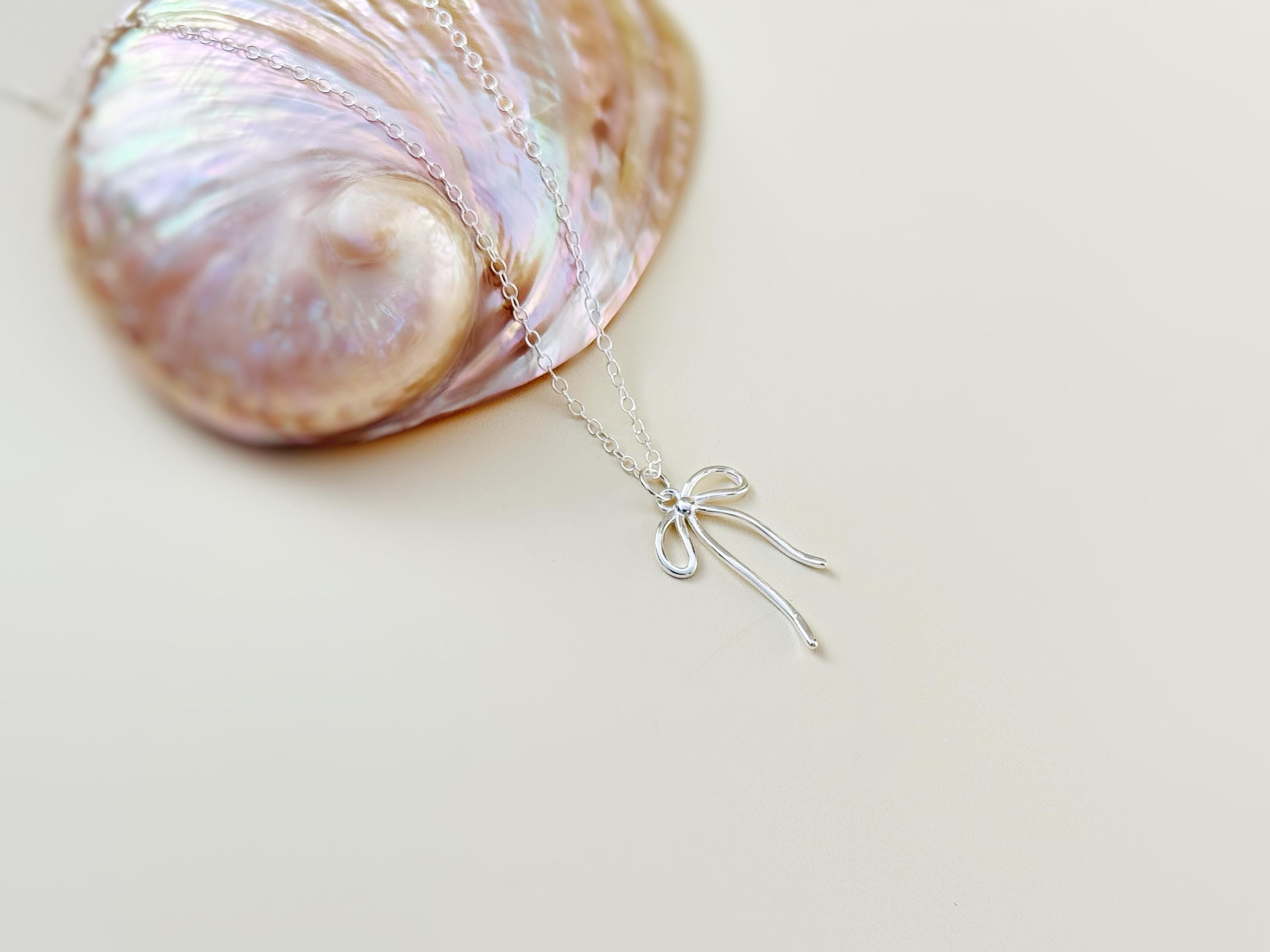 Sterling Silver Ribbon Bow Necklace pendant romantic gift for girlfriend wife handmade jewelry for women coquette bowknot charm