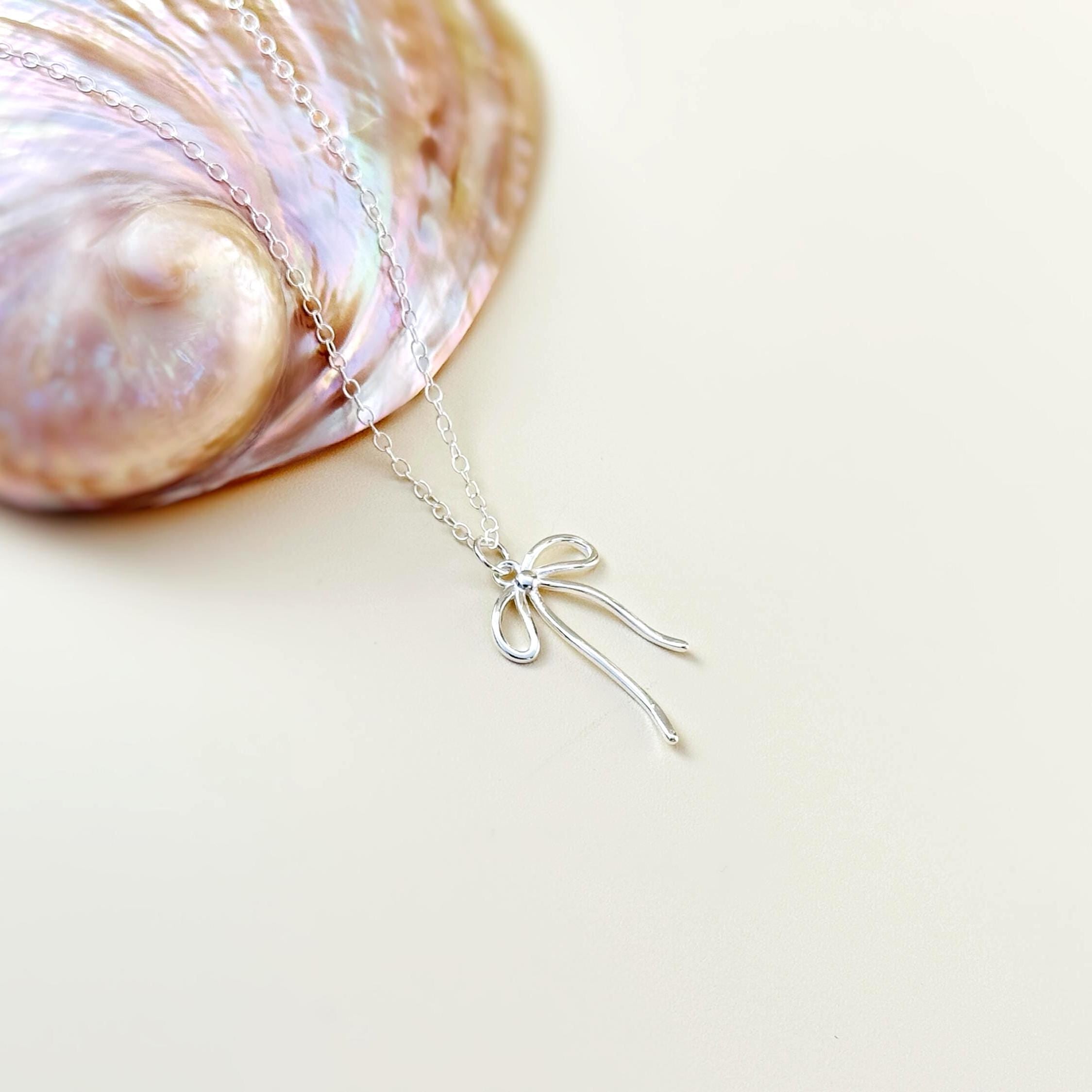 Sterling Silver Ribbon Bow Necklace pendant romantic gift for girlfriend wife handmade jewelry for women coquette bowknot charm