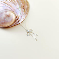 Sterling Silver Ribbon Bow Necklace pendant romantic gift for girlfriend wife handmade jewelry for women coquette bowknot charm