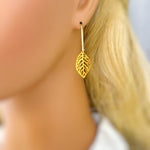 Gold Leaf Earrings dangle handmade statement chandelier long lightweight plant nature Jewelry unique gift for gardener mom wife sister bff